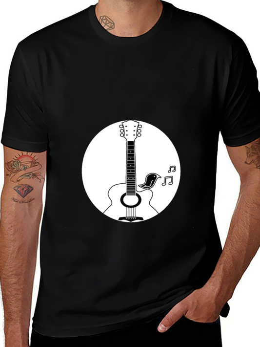 Acoustic Guitar & Bird Graphic T-Shirt