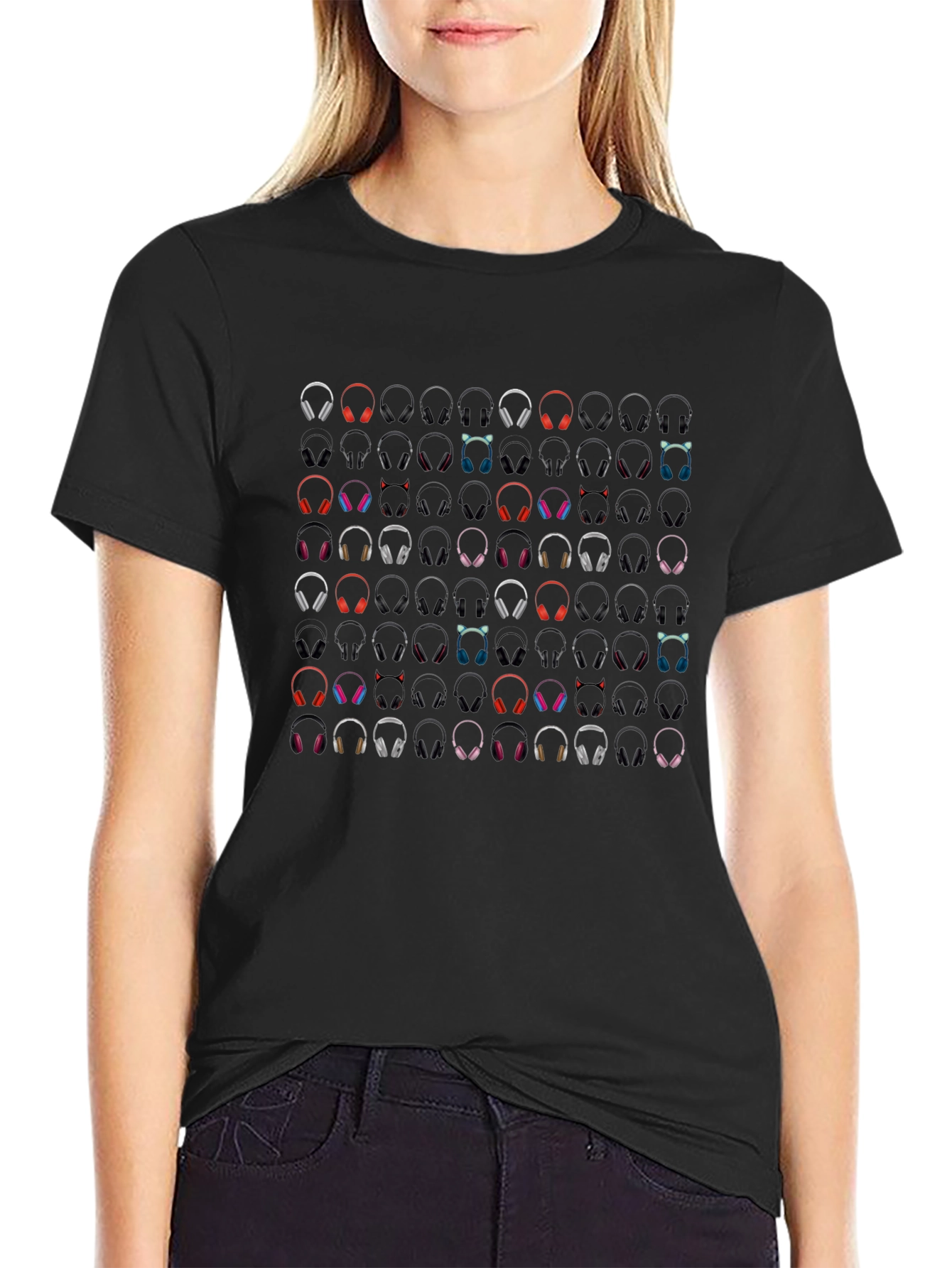 Headphones Pattern Black Graphic Tee