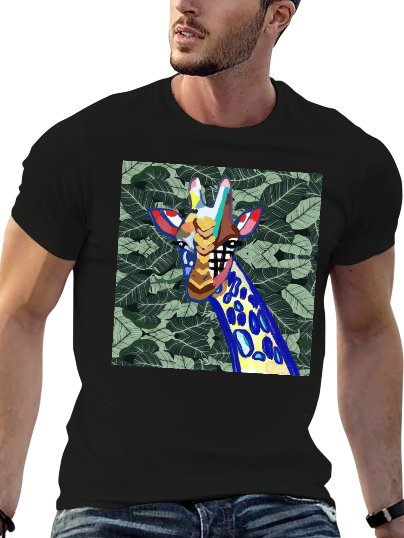 Abstract Giraffe Graphic Print Mens Black T-Shirt