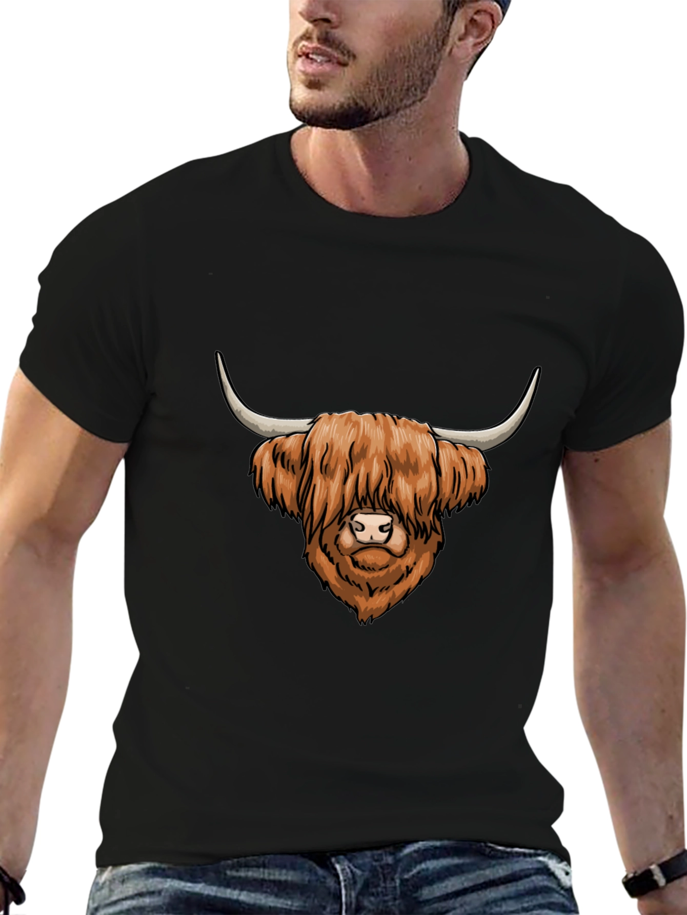 Highland Cow Graphic Tee - Cool Mens Black T-Shirt