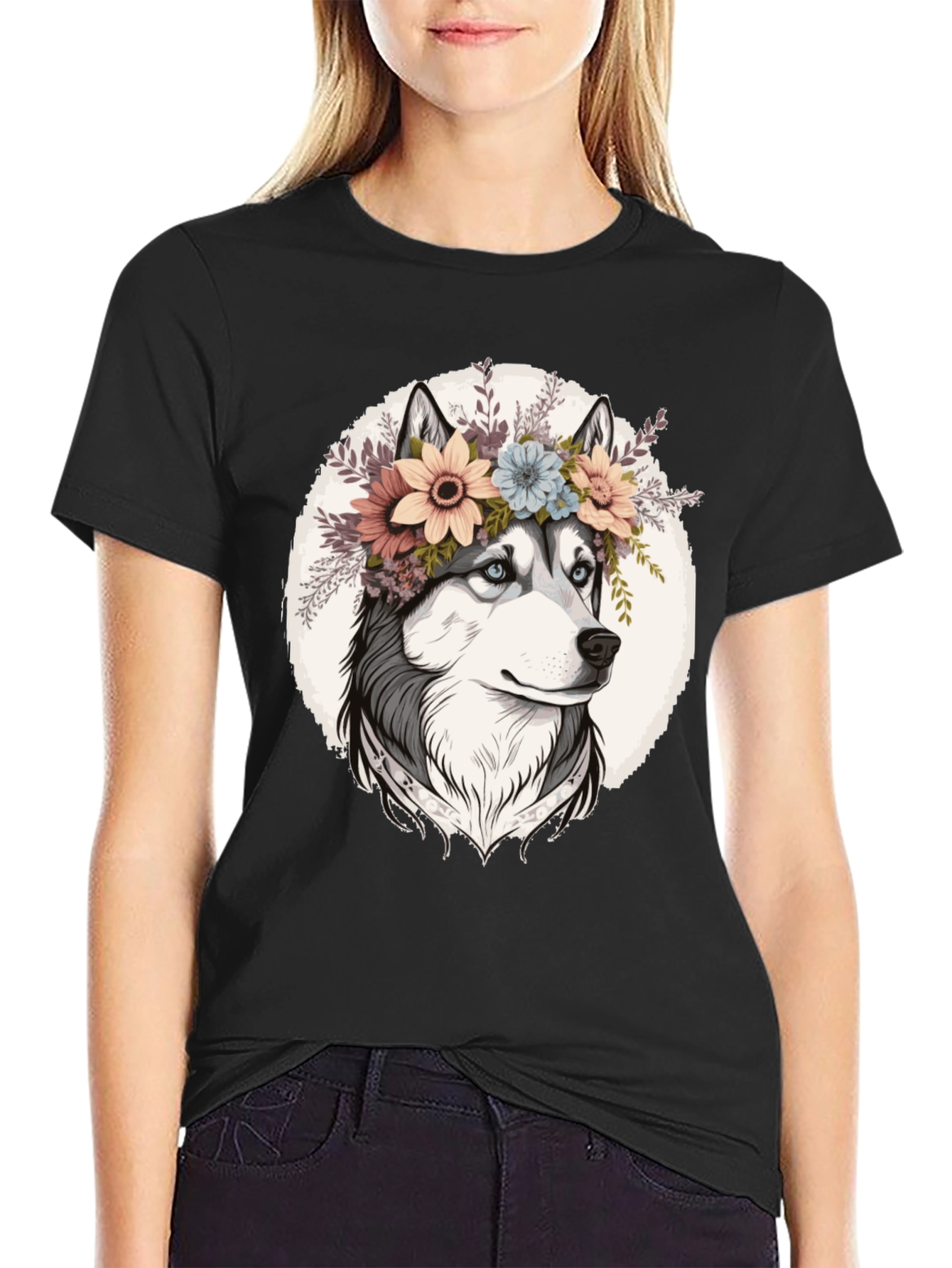 Husky Flower Crown Graphic Tee - Trendy Casual Wear