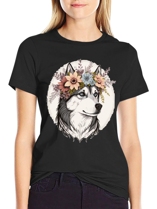 Husky Flower Crown Graphic Tee - Trendy Casual Wear