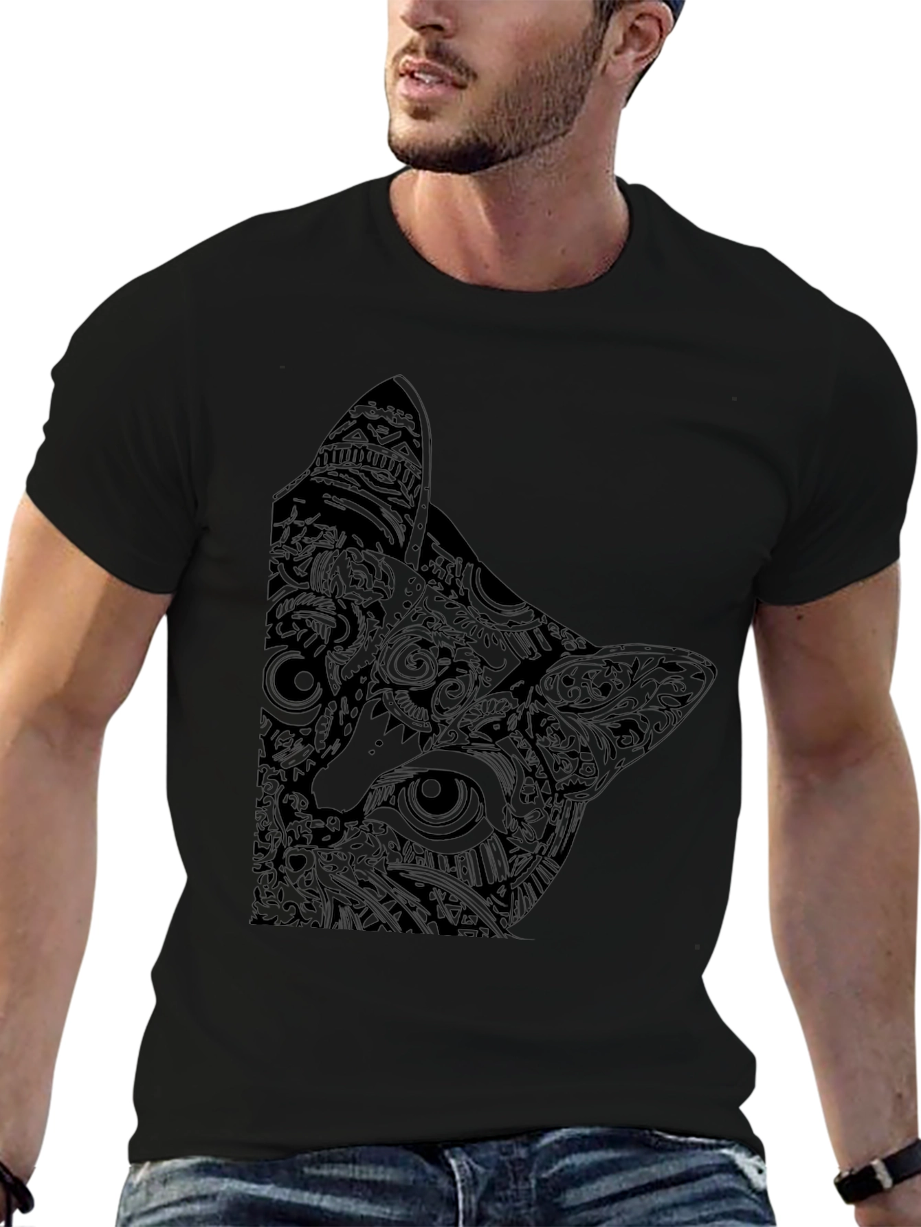 Abstract Cat Graphic Black T-Shirt