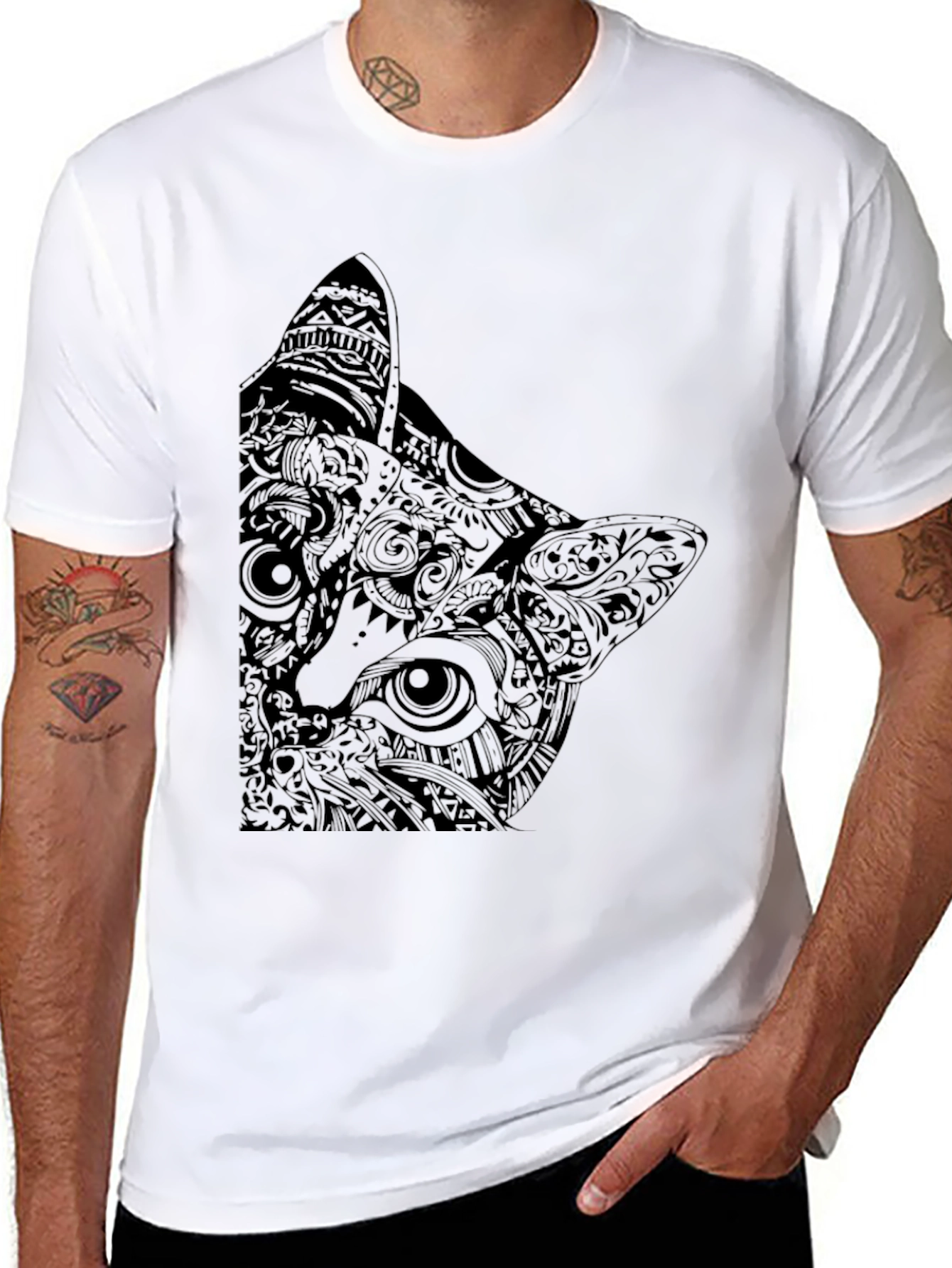 Abstract Cat Graphic Black T-Shirt
