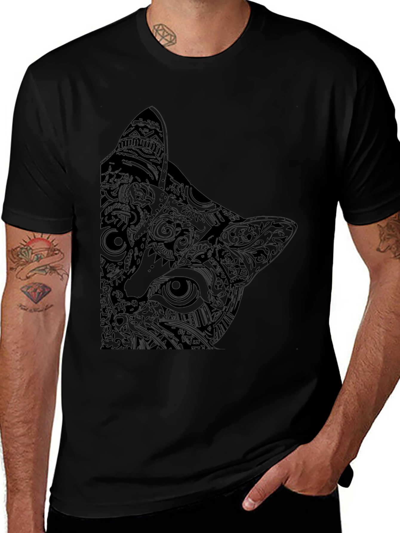 Abstract Cat Graphic Black T-Shirt