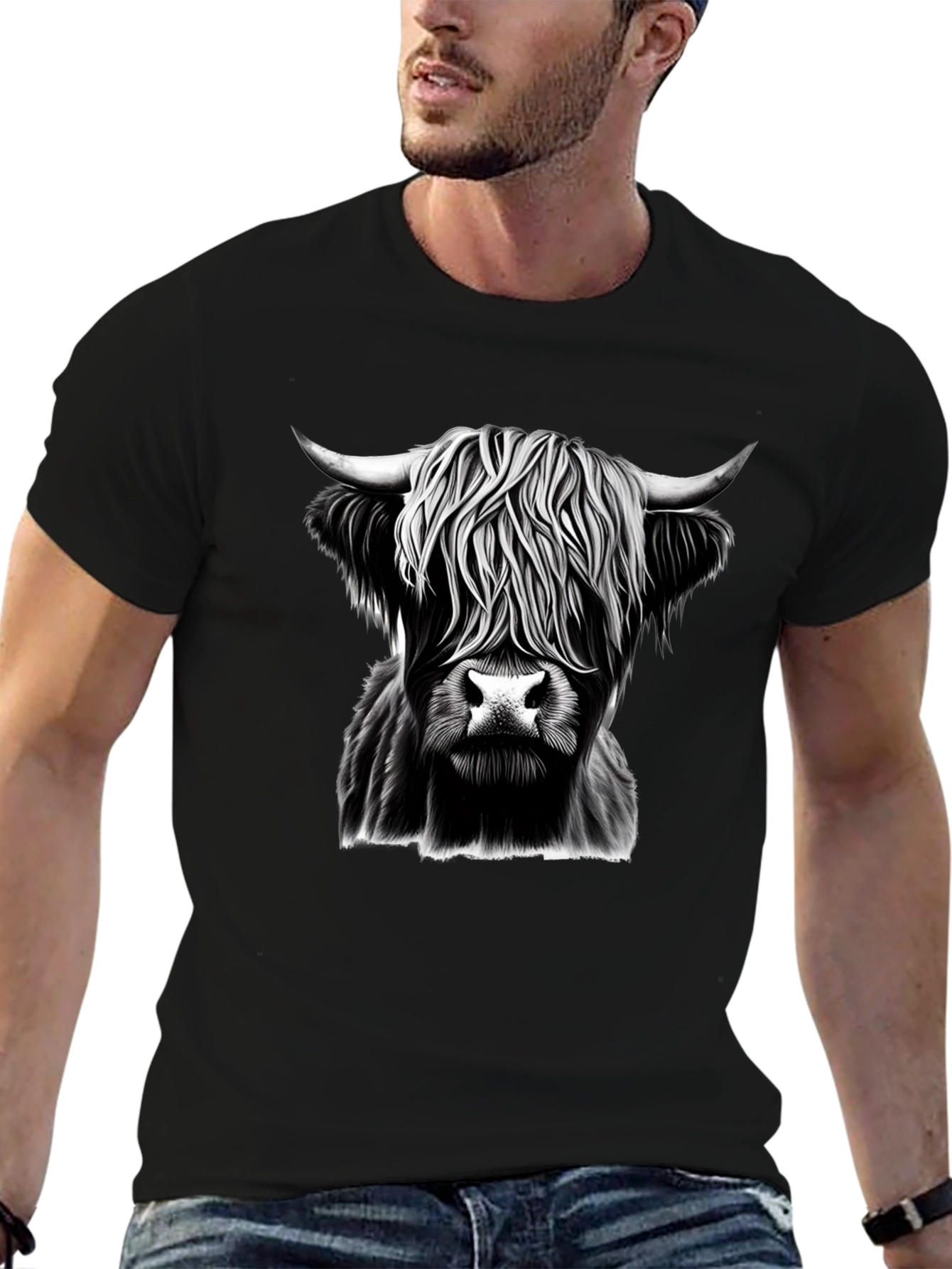 Highland Cow Graphic Tee - Black Cotton T-Shirt