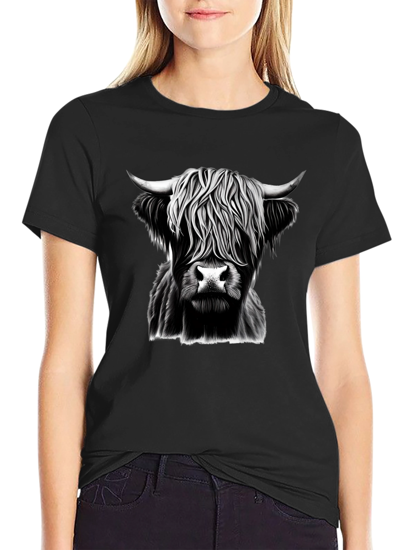 Highland Cow Graphic Tee - Black Cotton T-Shirt