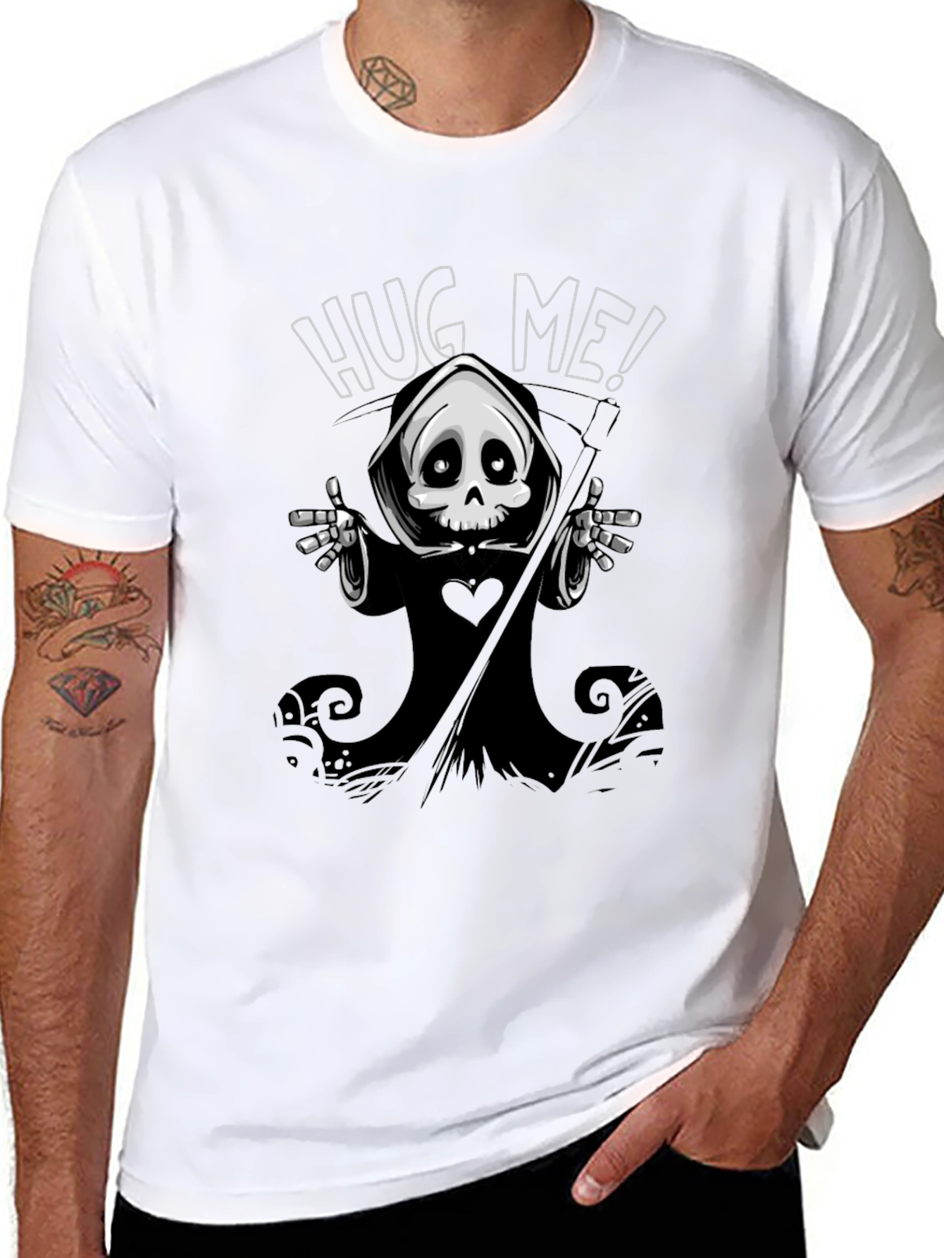 Hug Me! Grim Reaper Graphic Black T-Shirt