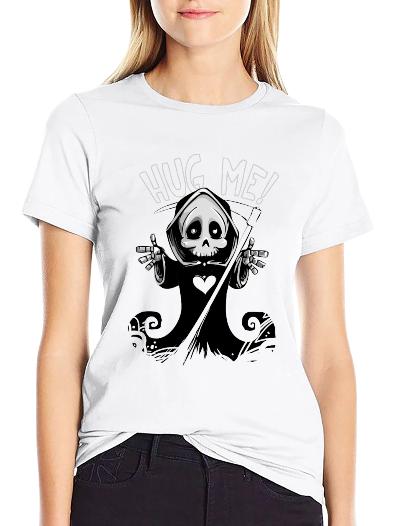 Hug Me! Grim Reaper Graphic Black T-Shirt