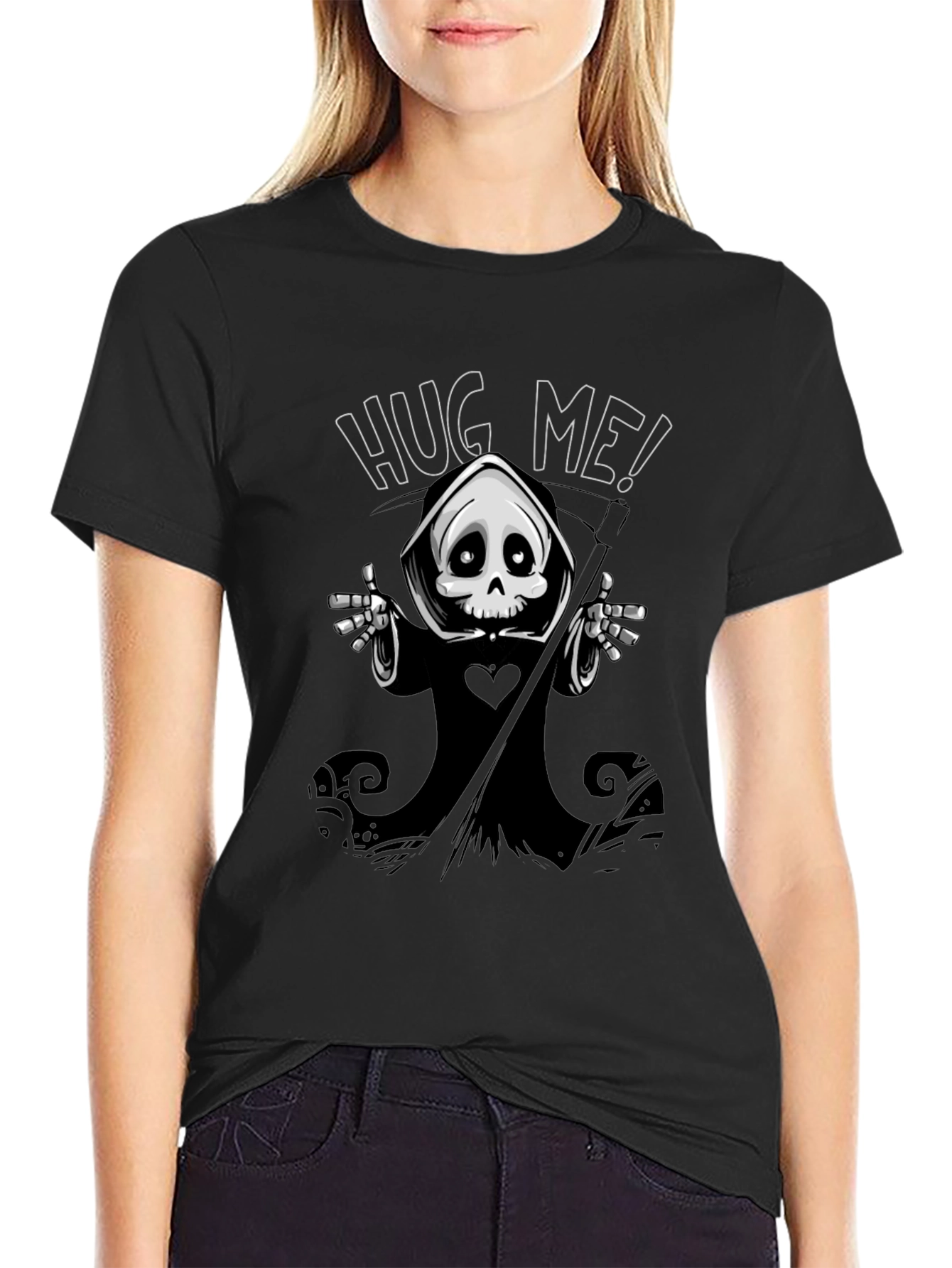 Hug Me! Grim Reaper Graphic Black T-Shirt