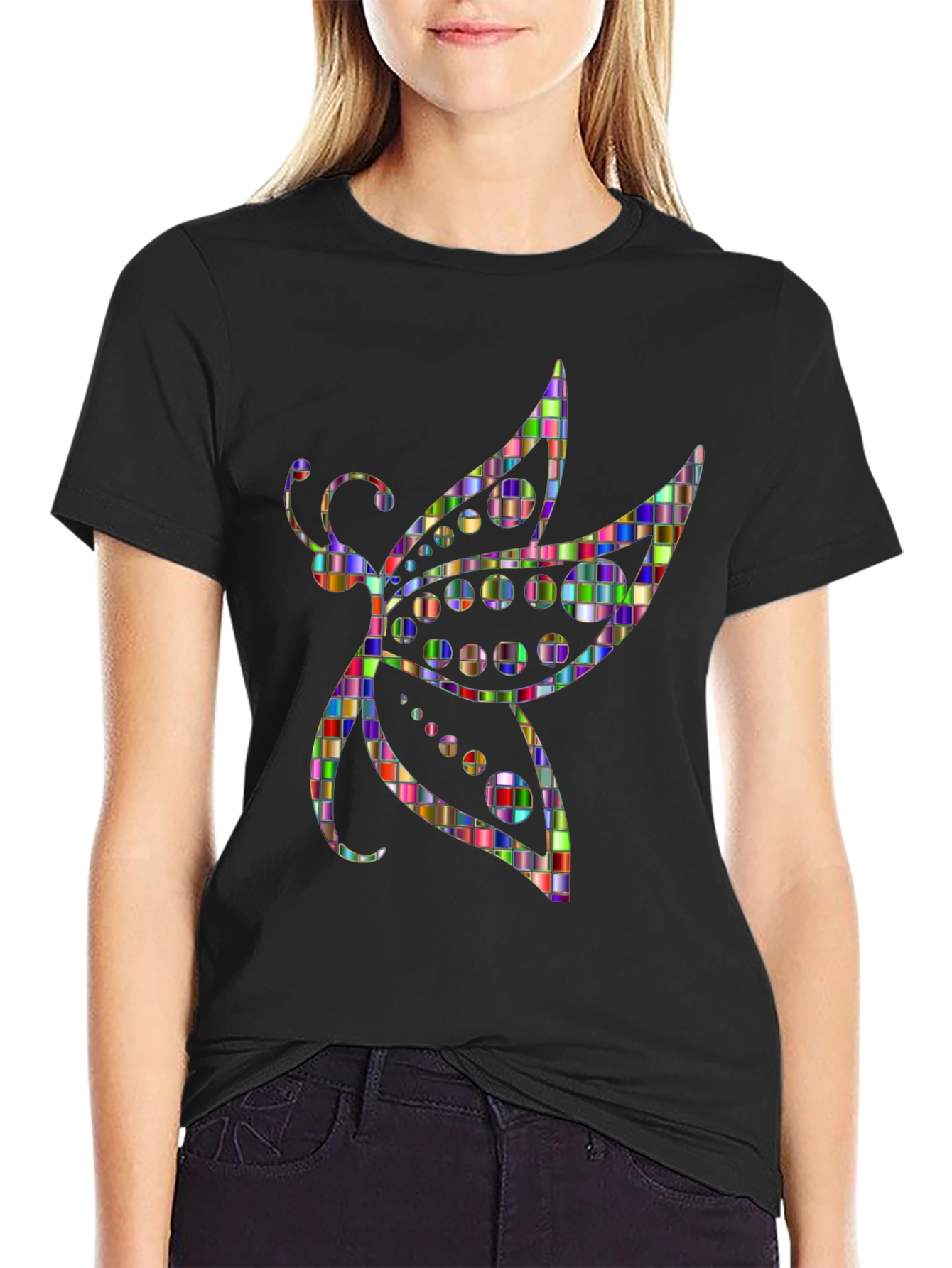 Abstract Mosaic Dragonfly Graphic Tee - Black