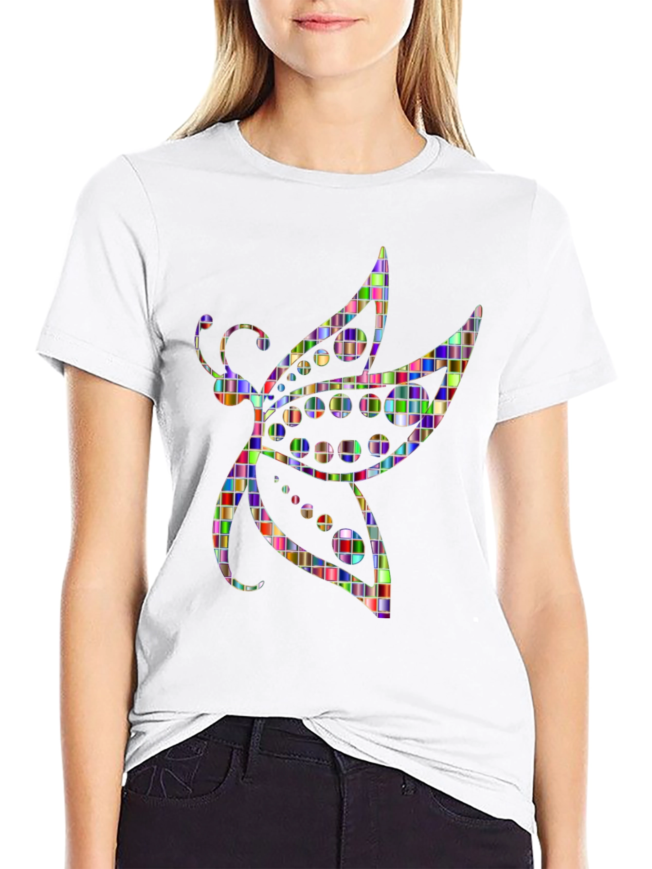 Abstract Mosaic Dragonfly Graphic Tee - Black