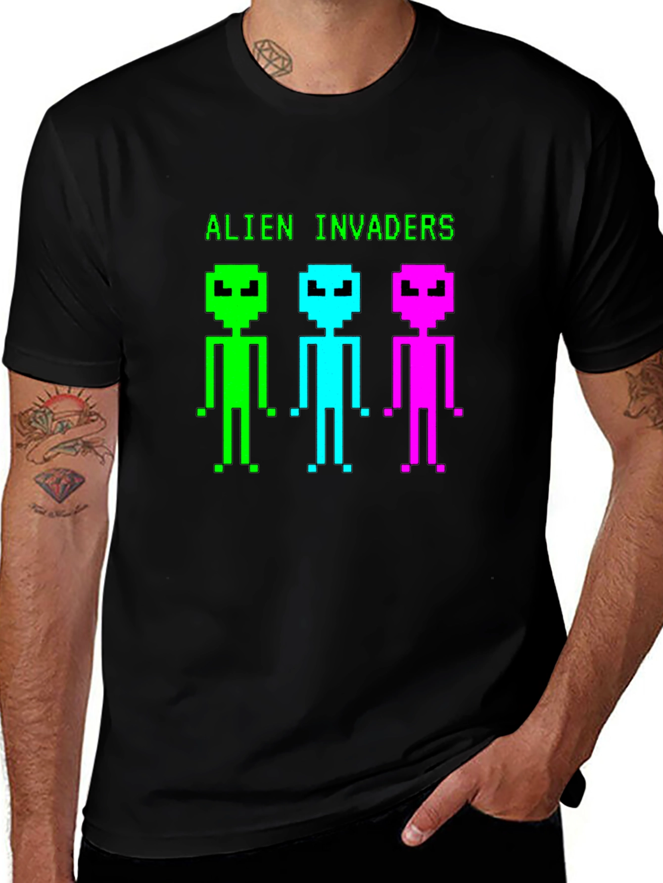Alien Invaders Retro Pixel Art Black T-Shirt