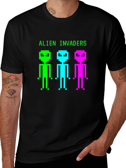 Alien Invaders Retro Pixel Art Black T-Shirt