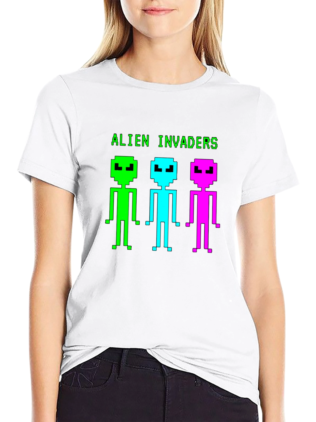 Alien Invaders Retro Pixel Art Black T-Shirt