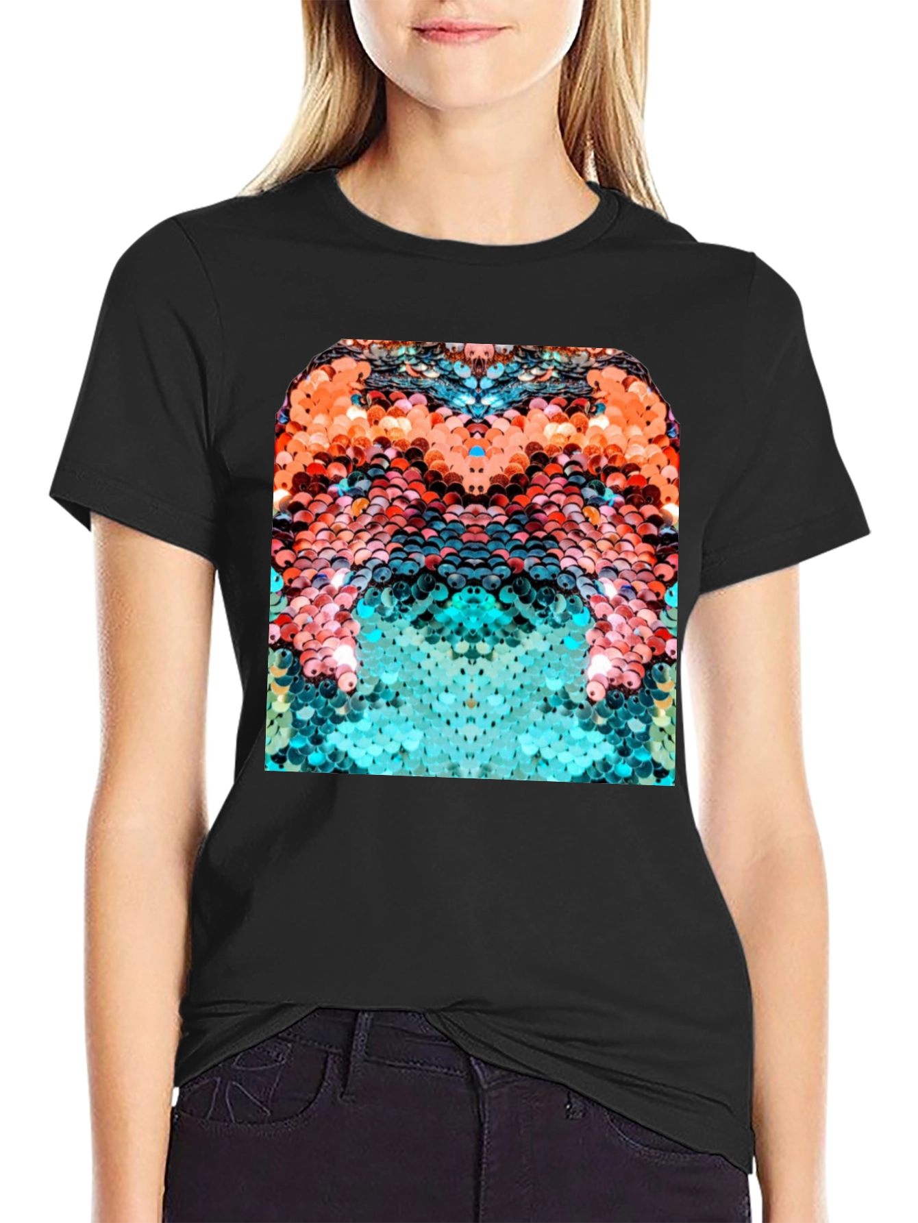 Abstract Sequin Graphic T-Shirt - Black