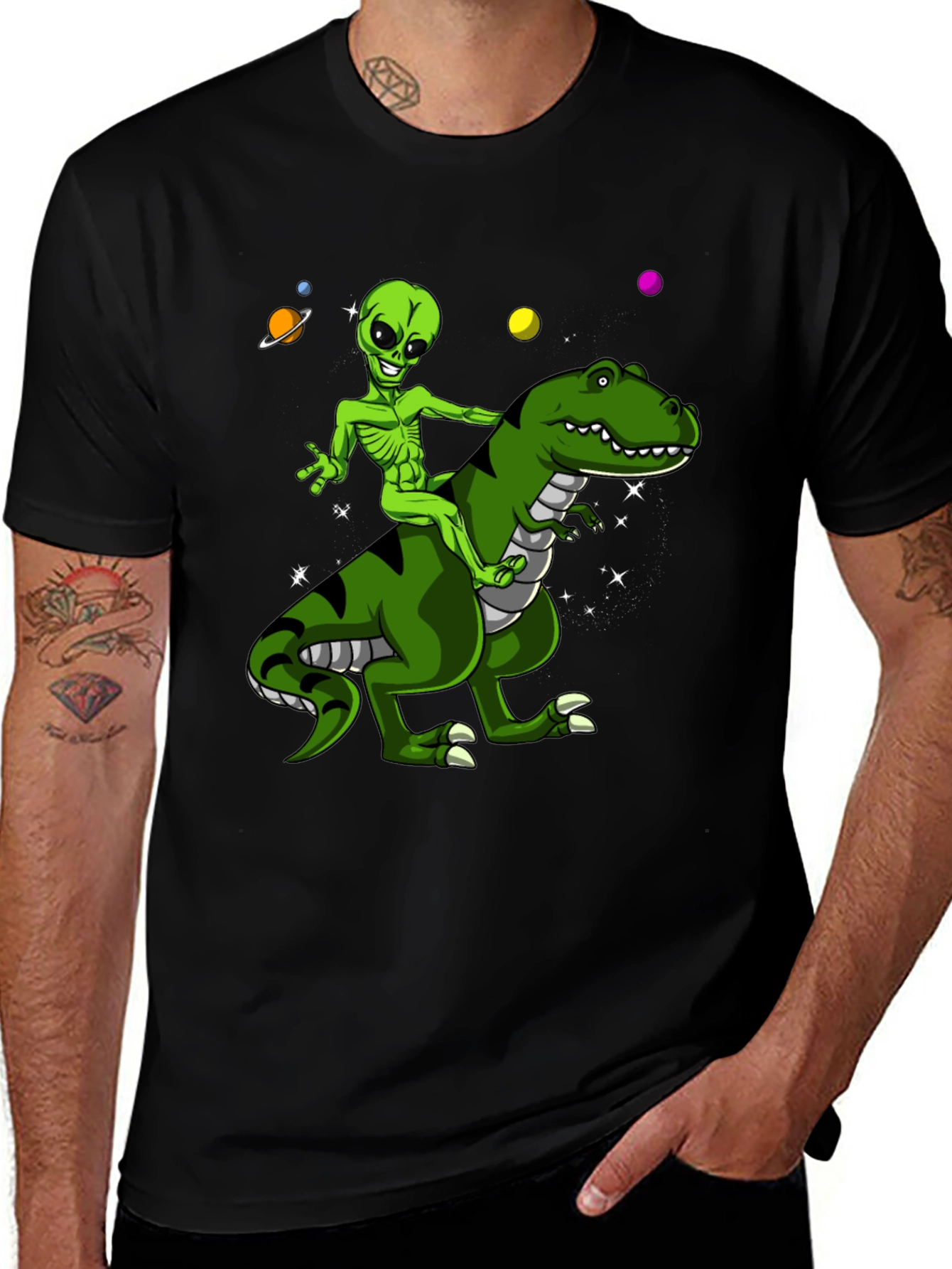 Alien Riding Dinosaur Graphic T-Shirt