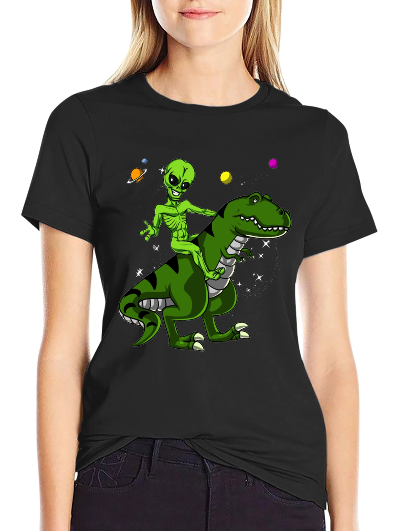 Alien Riding Dinosaur Graphic T-Shirt