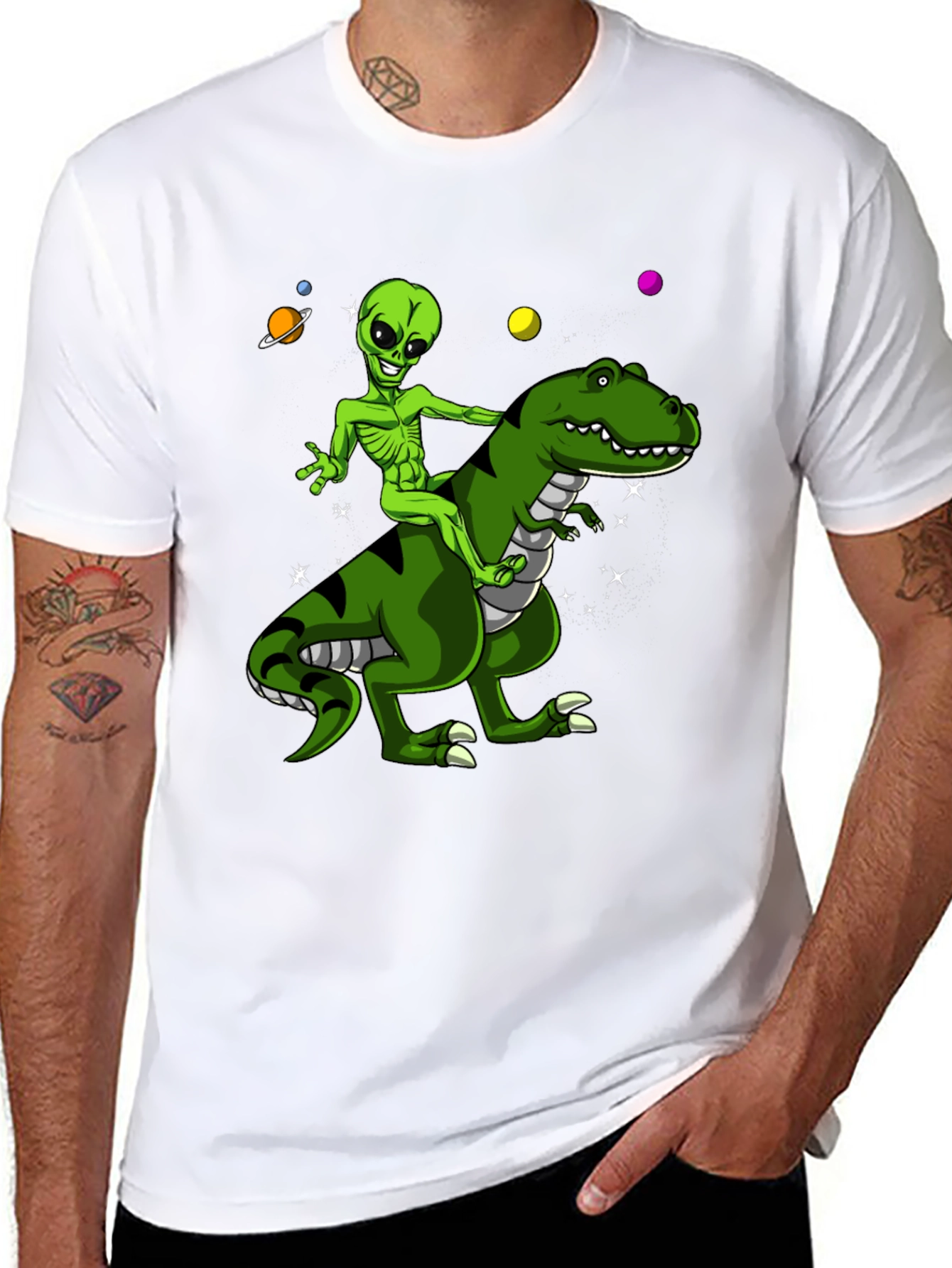Alien Riding Dinosaur Graphic T-Shirt