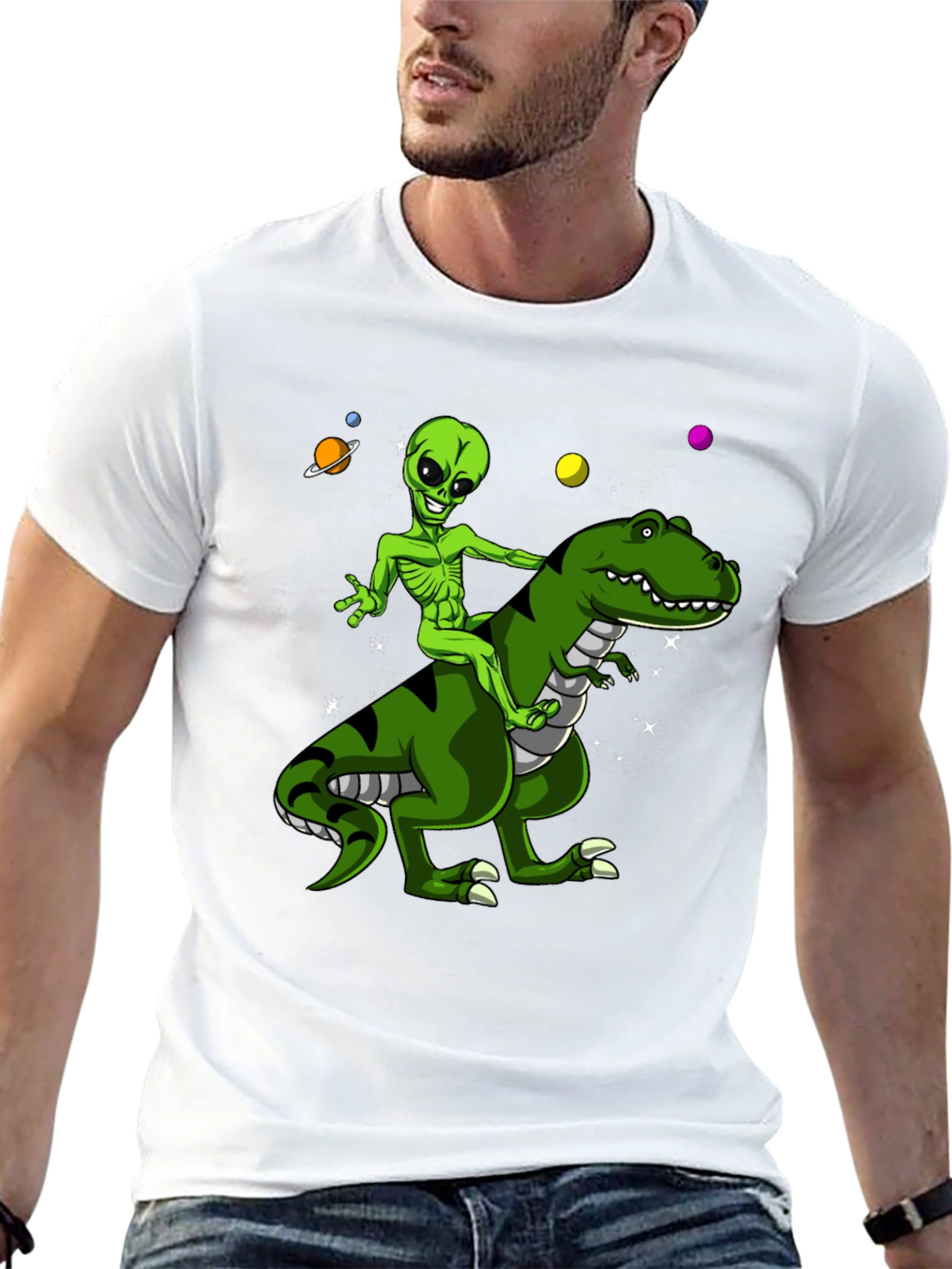 Alien Riding Dinosaur Graphic T-Shirt