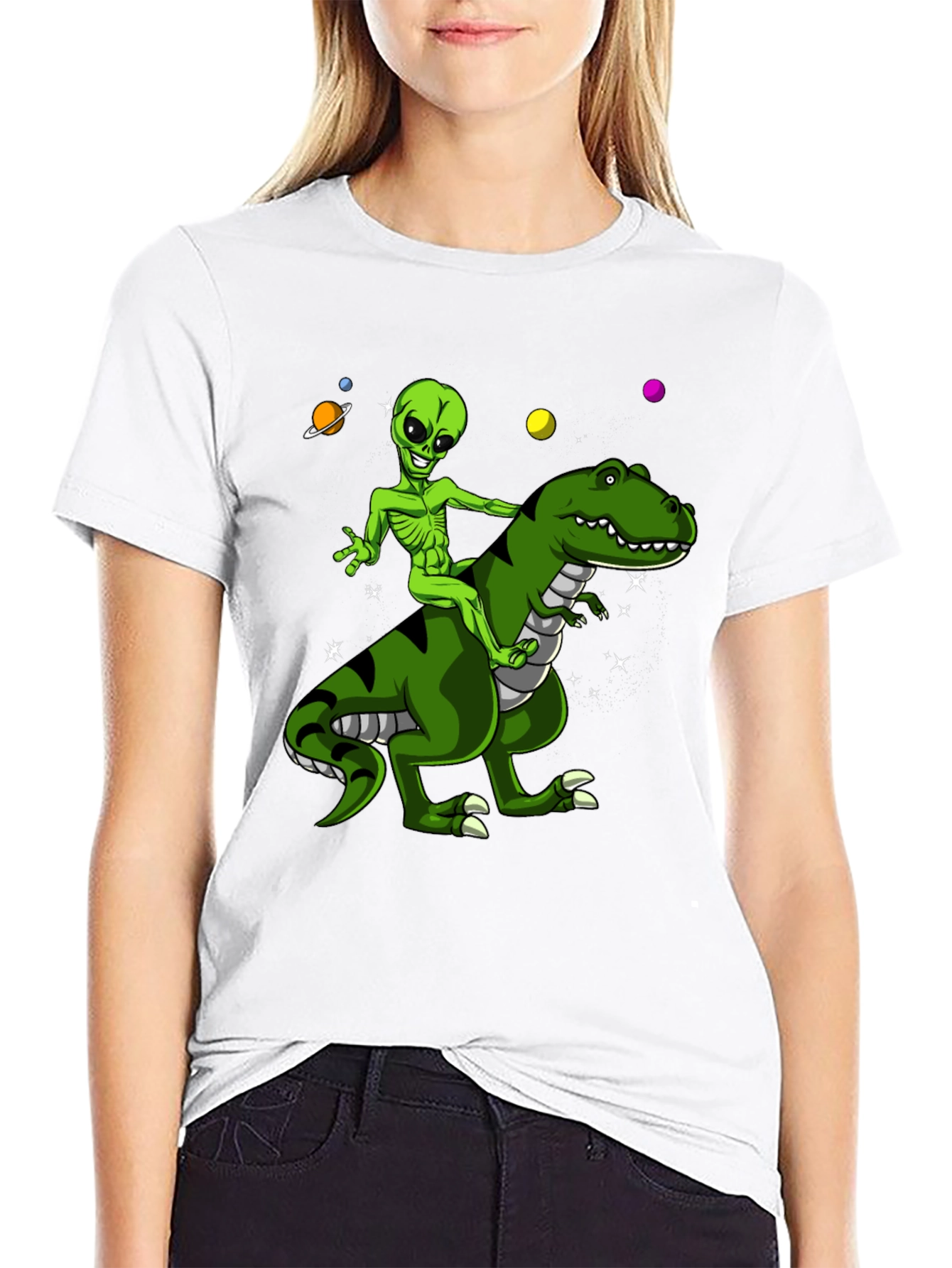 Alien Riding Dinosaur Graphic T-Shirt