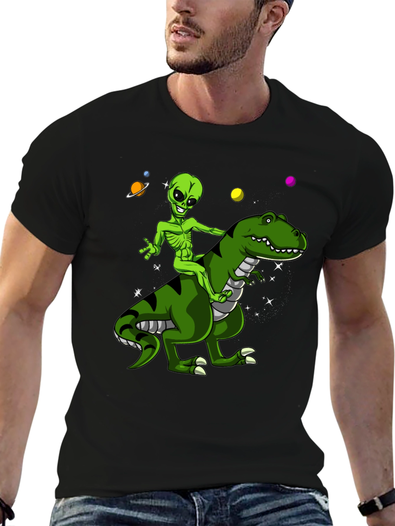 Alien Riding Dinosaur Graphic T-Shirt