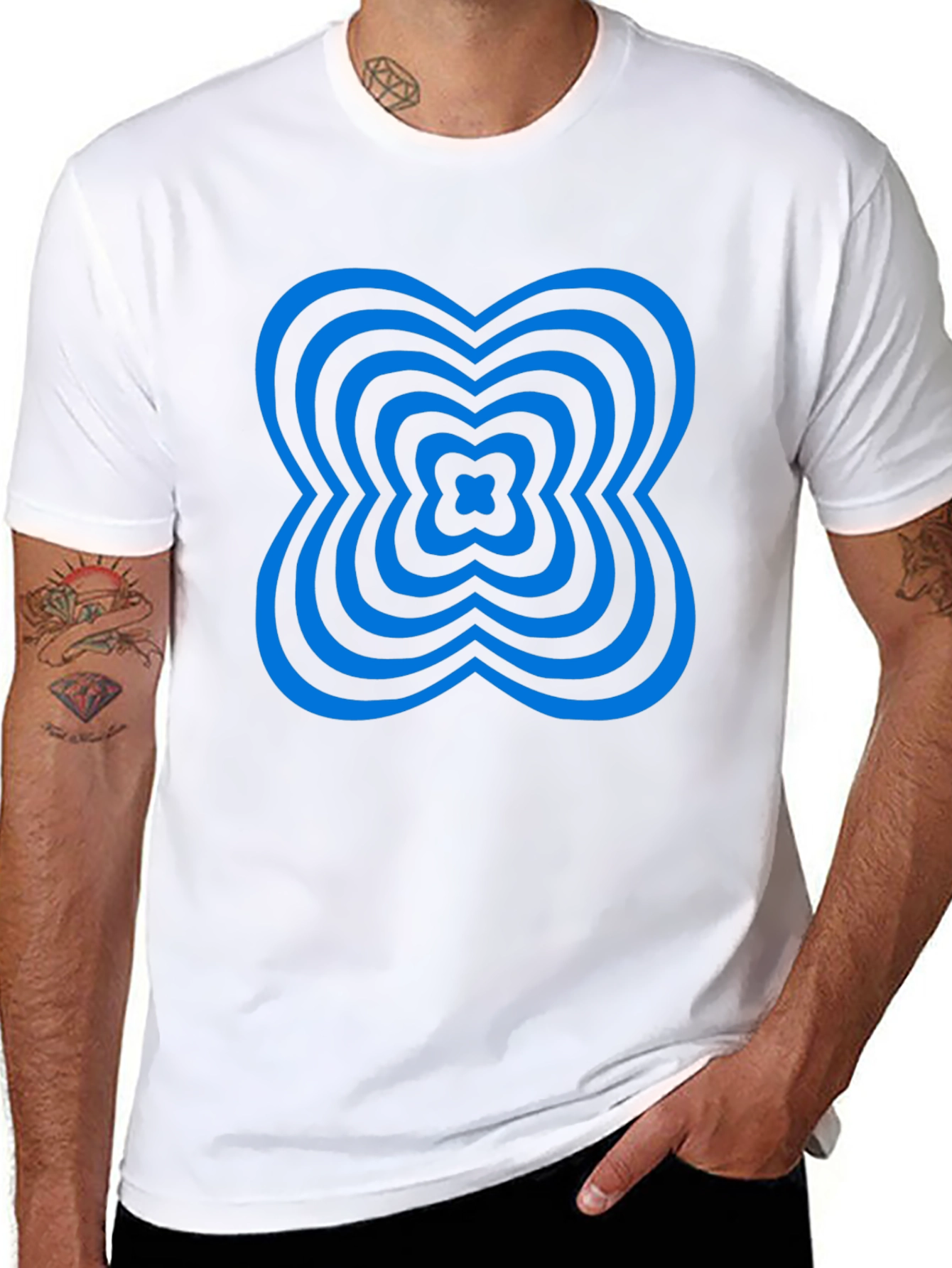 Abstract Blue Clover Graphic Black T-Shirt