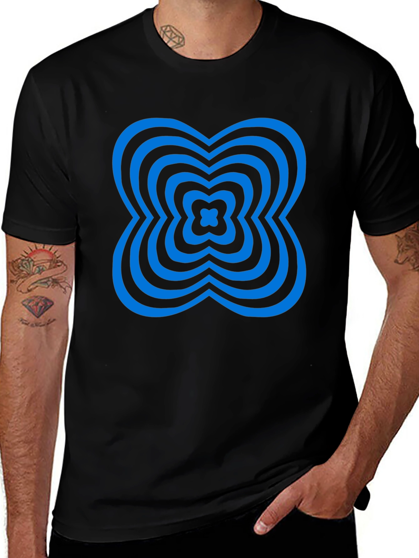 Abstract Blue Clover Graphic Black T-Shirt