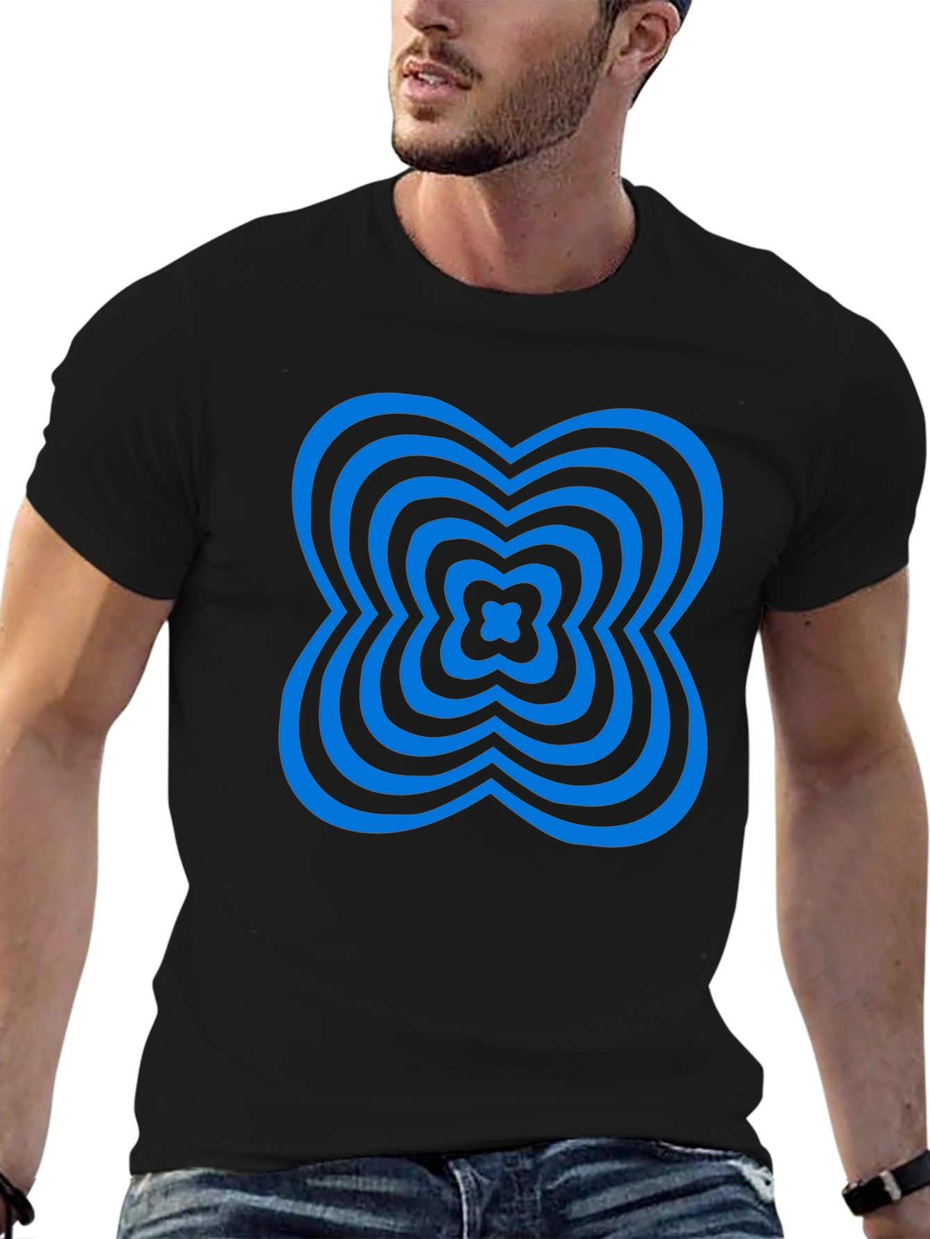 Abstract Blue Clover Graphic Black T-Shirt