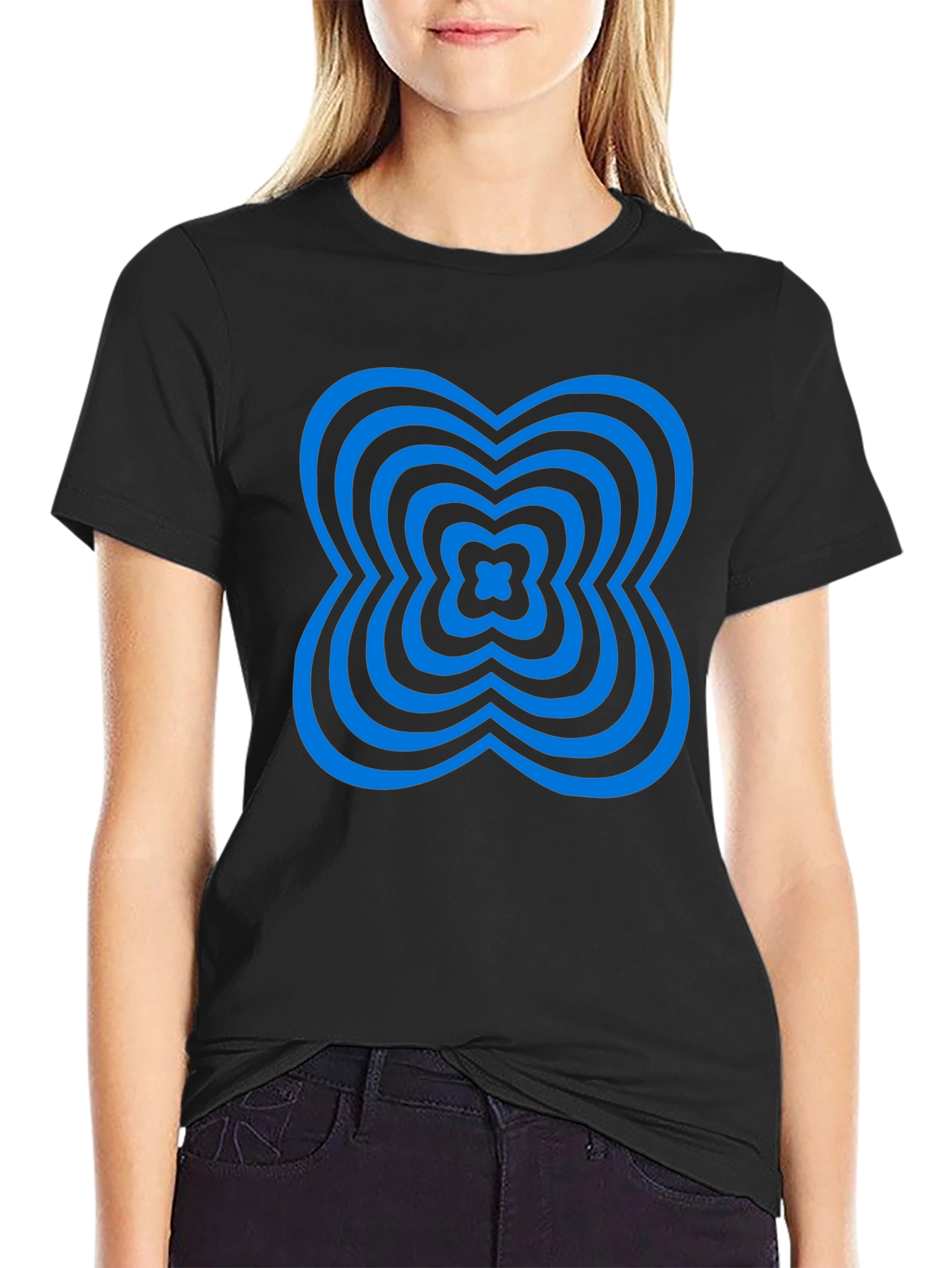 Abstract Blue Clover Graphic Black T-Shirt