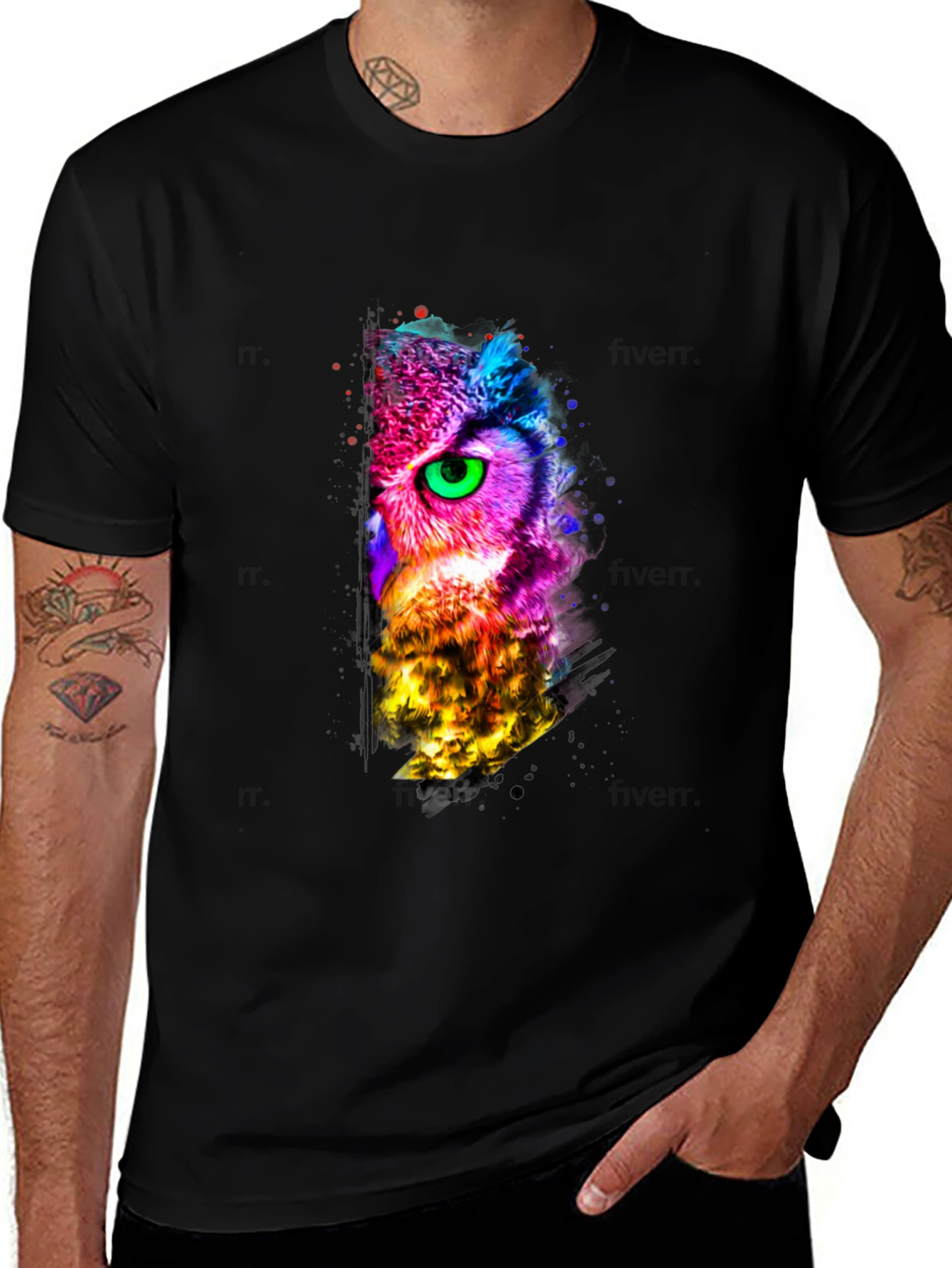 Abstract Owl Print Black T-Shirt