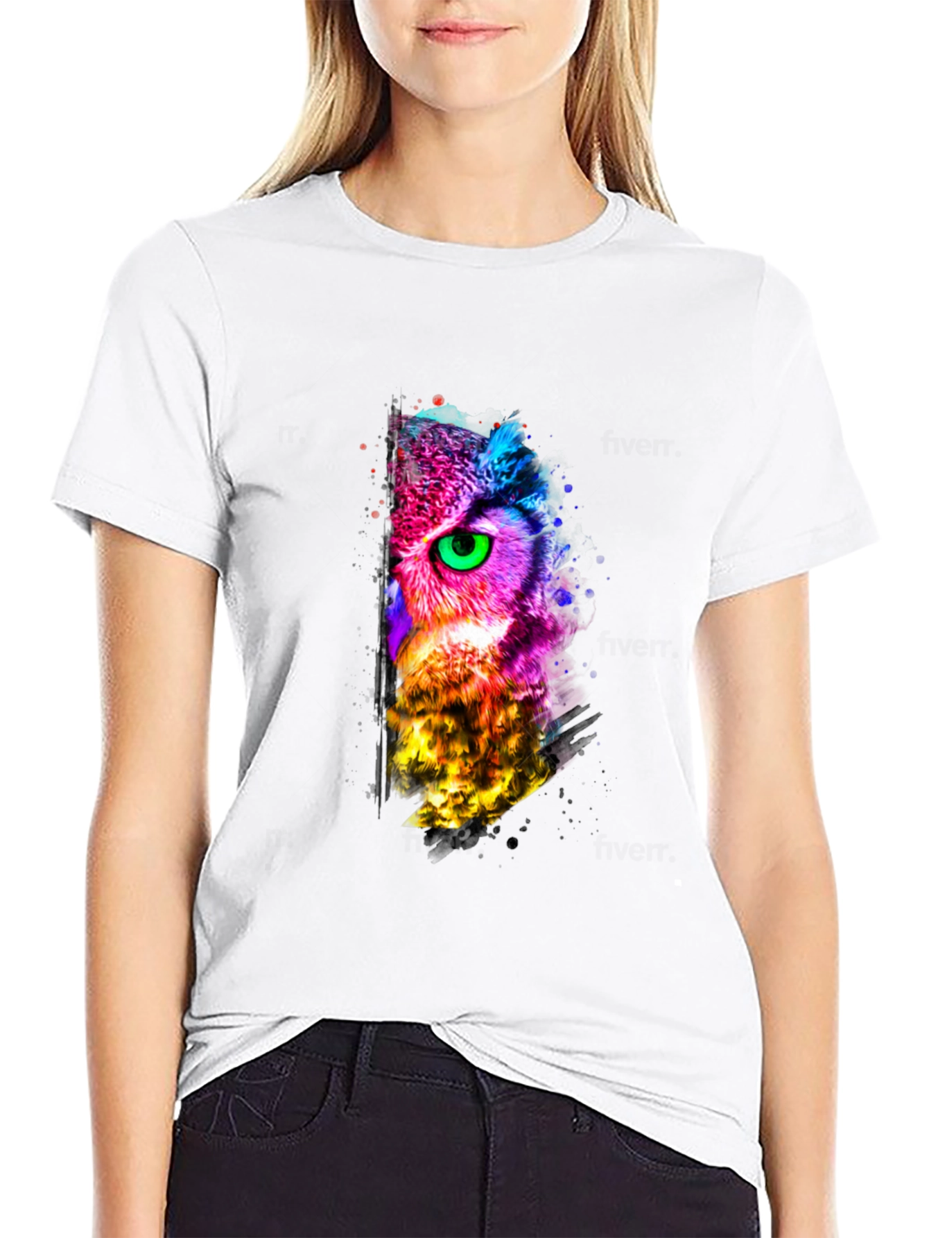 Abstract Owl Print Black T-Shirt