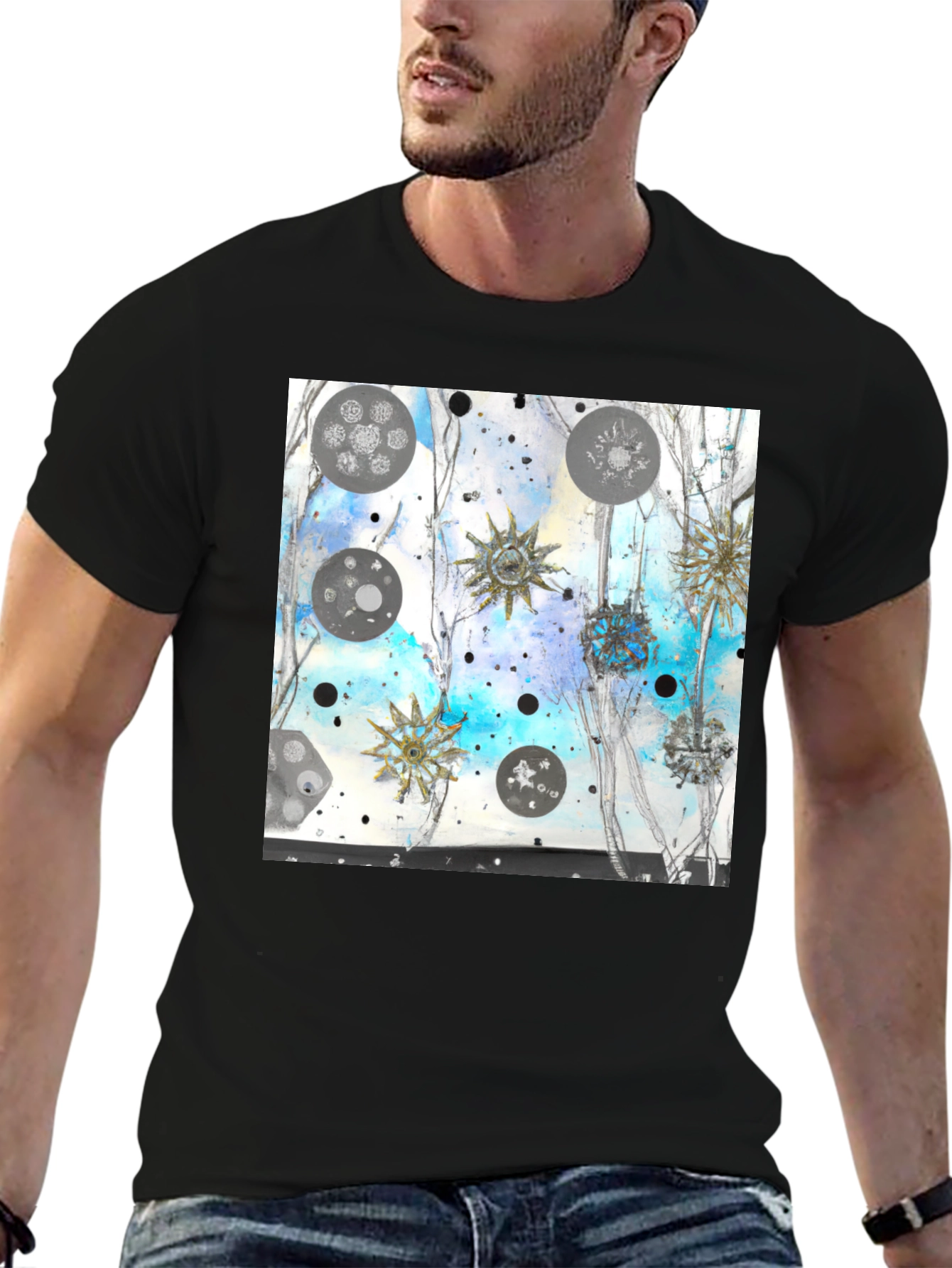 Abstract Celestial Design Black Tee