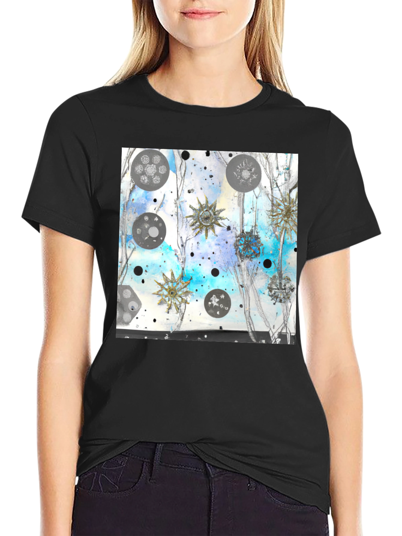 Abstract Celestial Design Black Tee