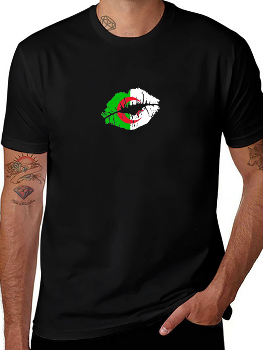 Algeria Flag Lips Print Black T-Shirt