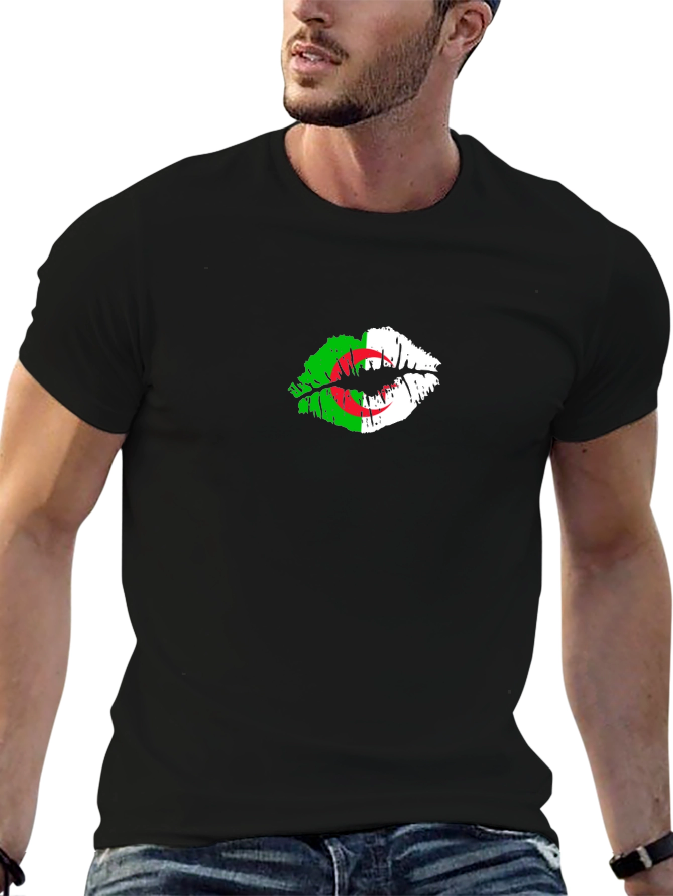 Algeria Flag Lips Print Black T-Shirt