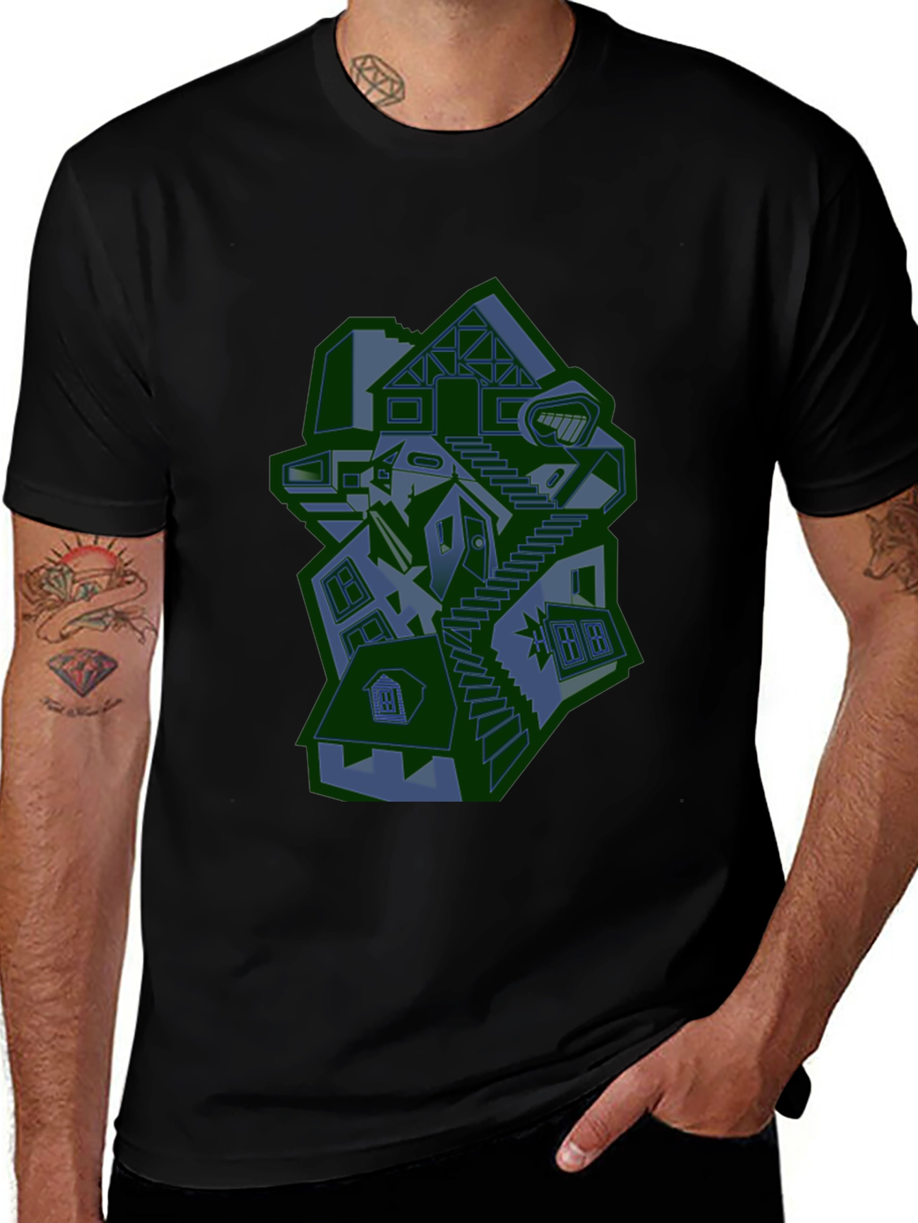 Abstract House Graphic Print Black T-Shirt