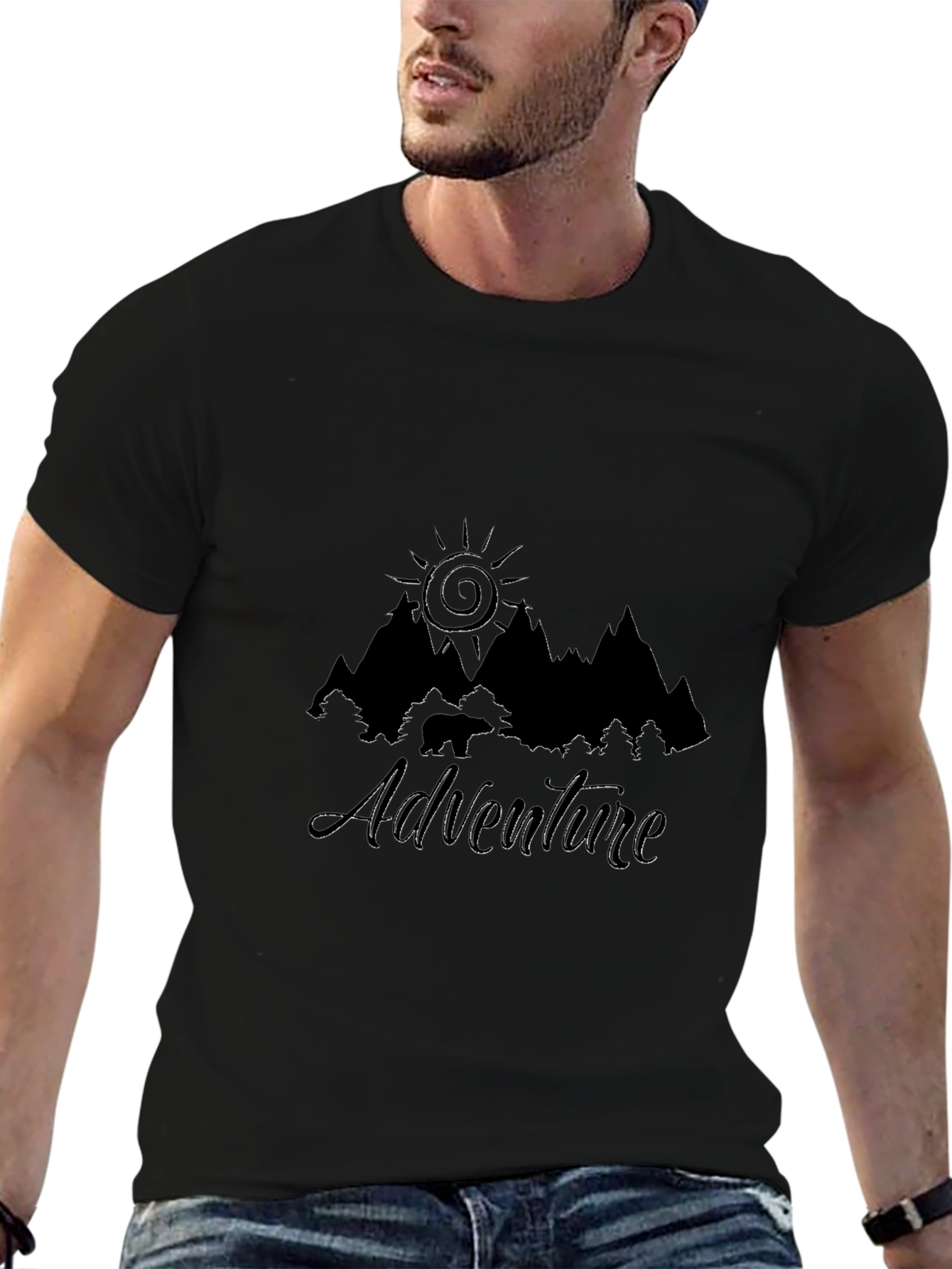 Adventure Awaits Black T-Shirt - Mountain & Sun Design