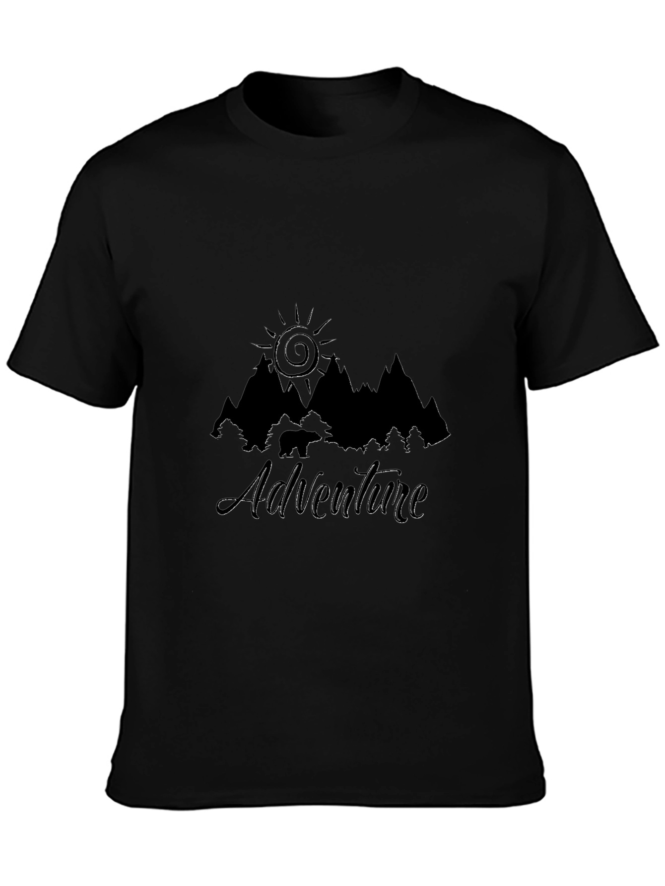Adventure Awaits Black T-Shirt - Mountain & Sun Design