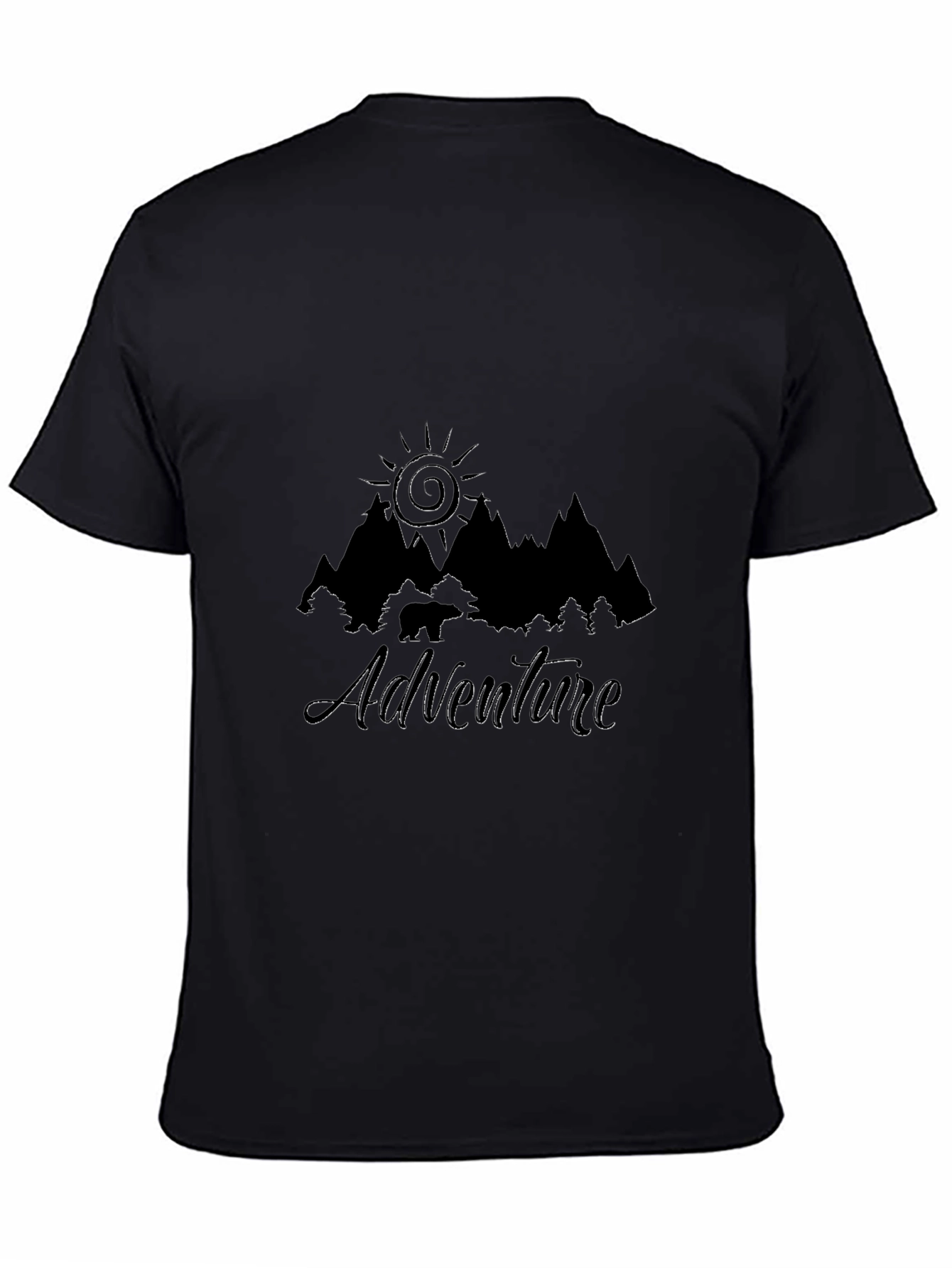 Adventure Awaits Black T-Shirt - Mountain & Sun Design