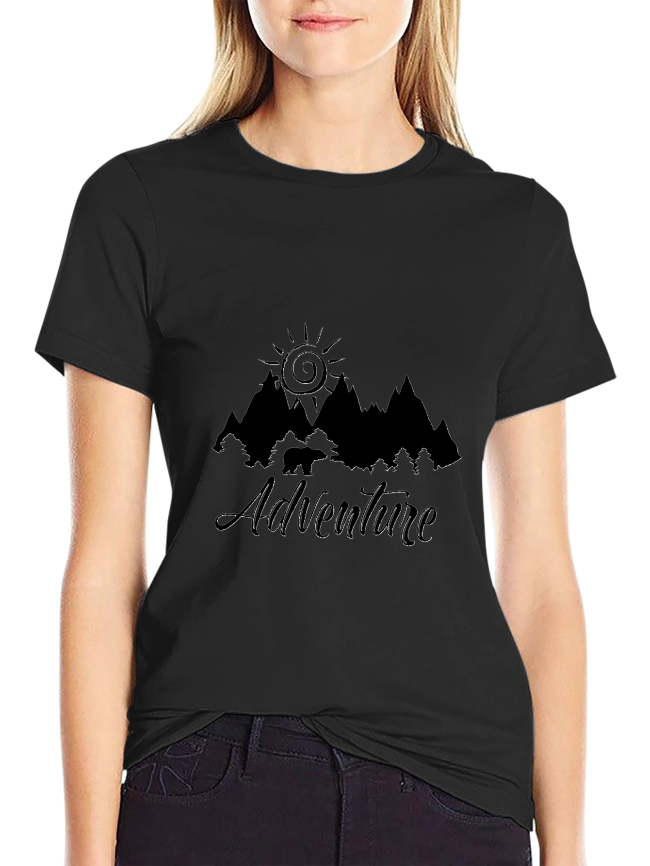 Adventure Awaits Black T-Shirt - Mountain & Sun Design