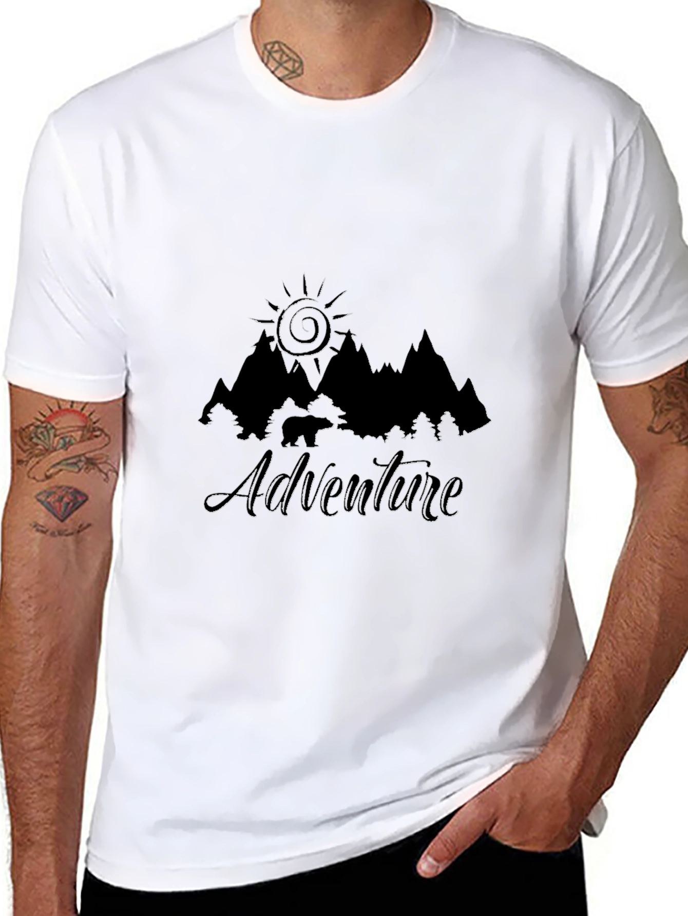 Adventure Awaits Black T-Shirt - Mountain & Sun Design