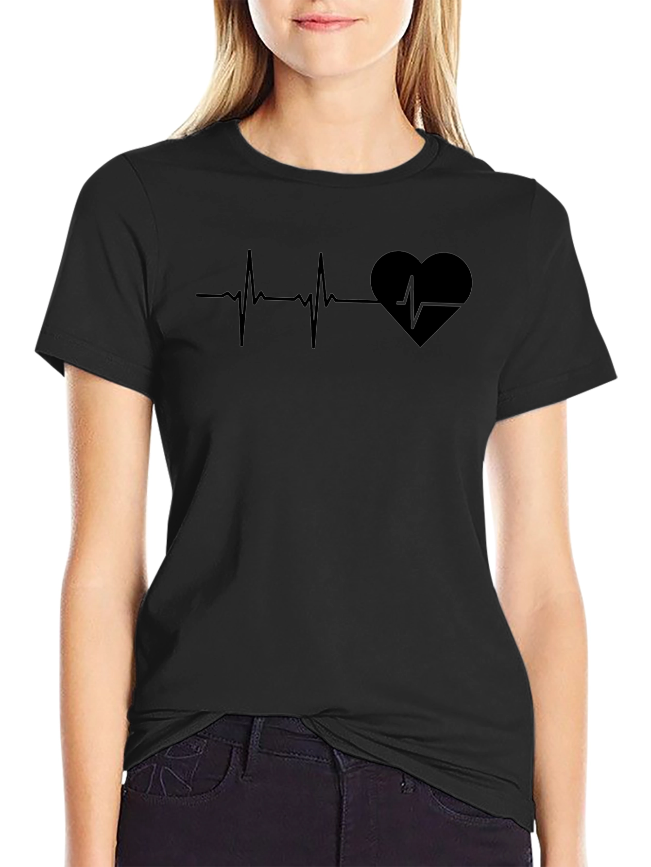 Heartbeat Heart Graphic T-Shirt - Black