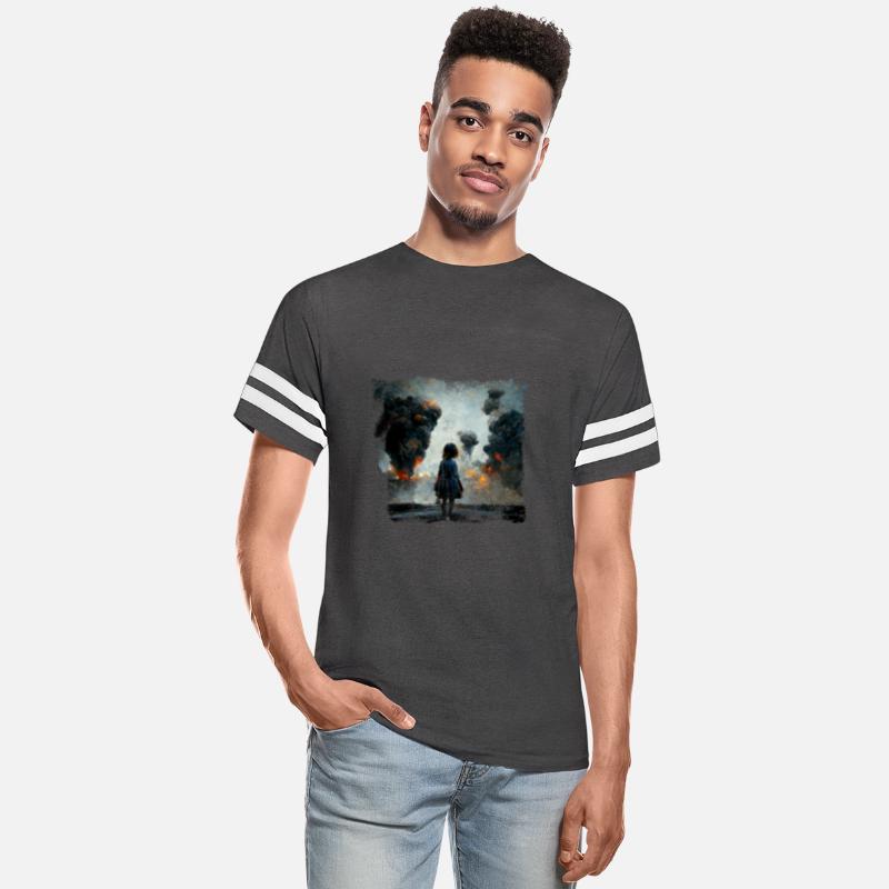 Kid in war looking at explosion AI painting