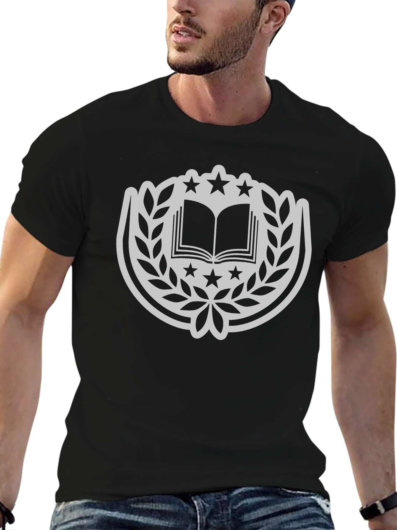Academic Crest Tee: Classic Black Cotton T-Shirt