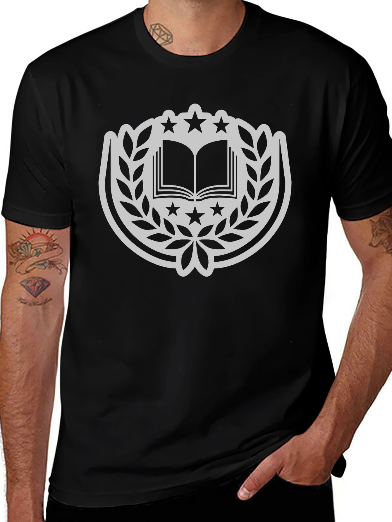 Academic Crest Tee: Classic Black Cotton T-Shirt