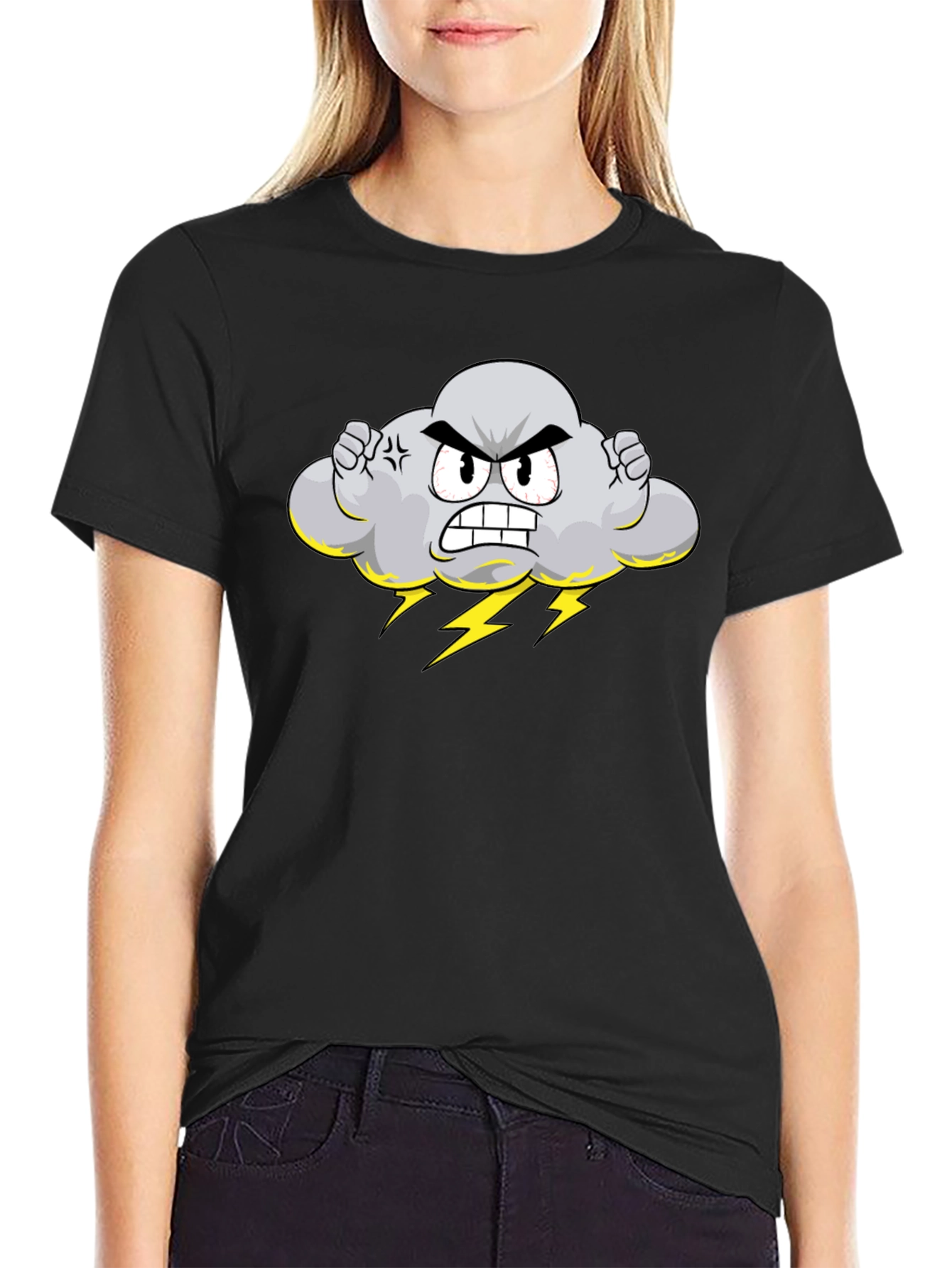 Angry Cloud Cartoon Black T-Shirt