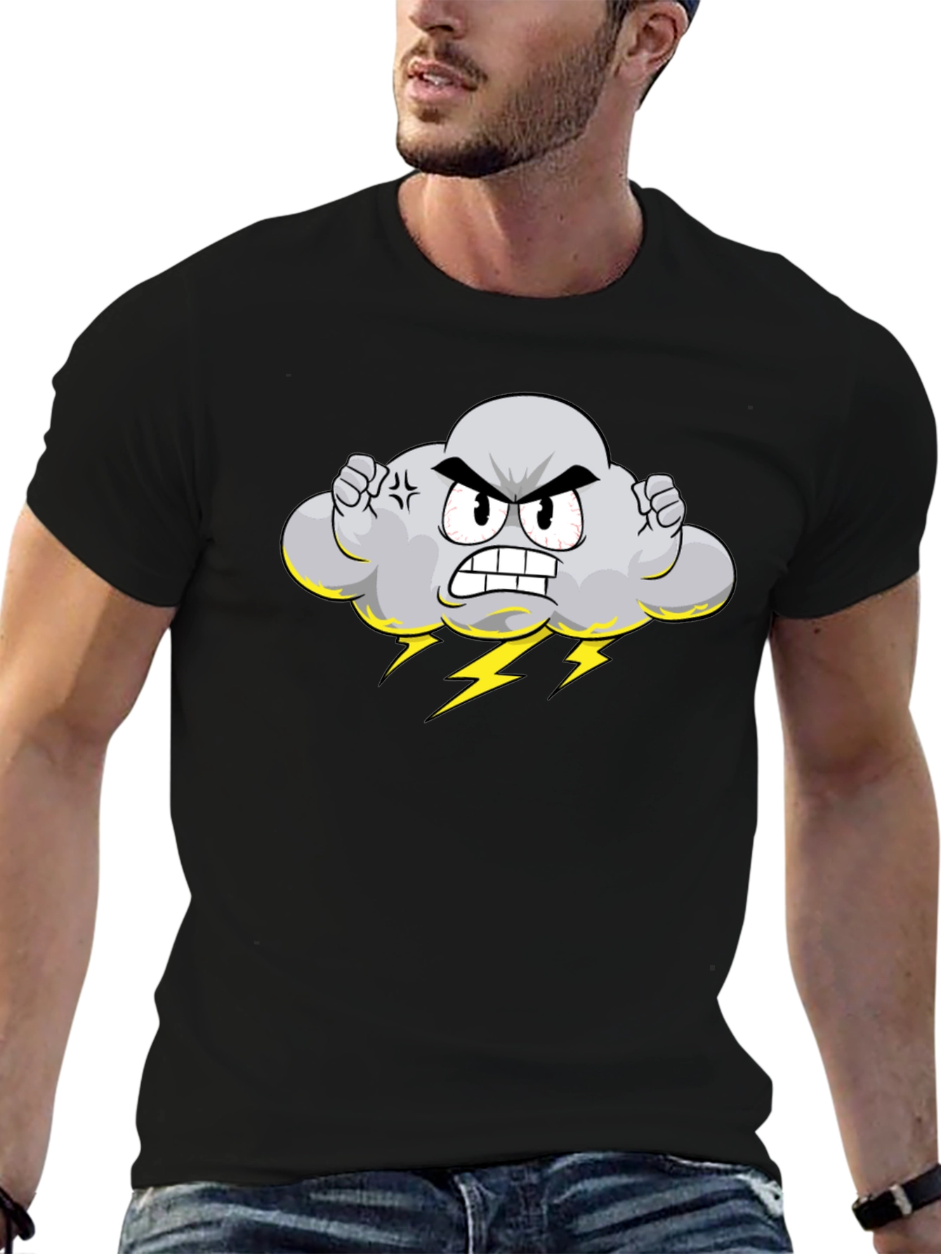 Angry Cloud Cartoon Black T-Shirt