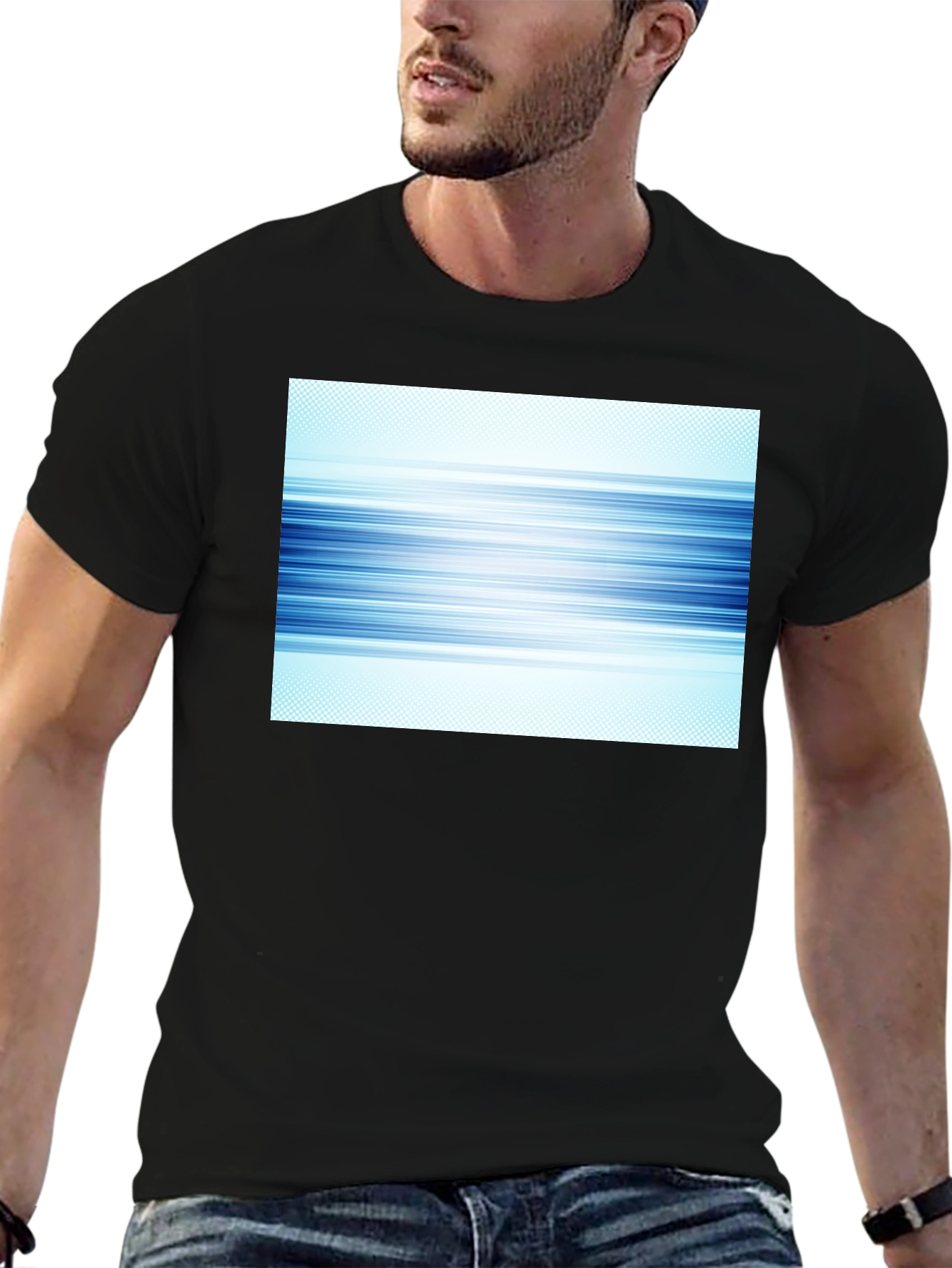 Abstract Blue Lines Graphic Black T-Shirt