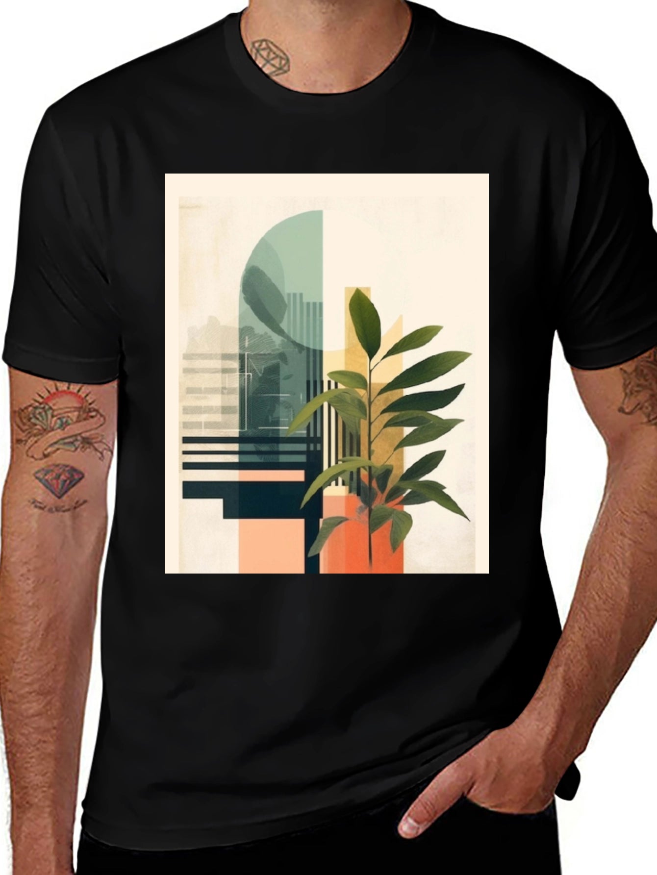 Abstract Plant Graphic Tee - Modern Black T-Shirt